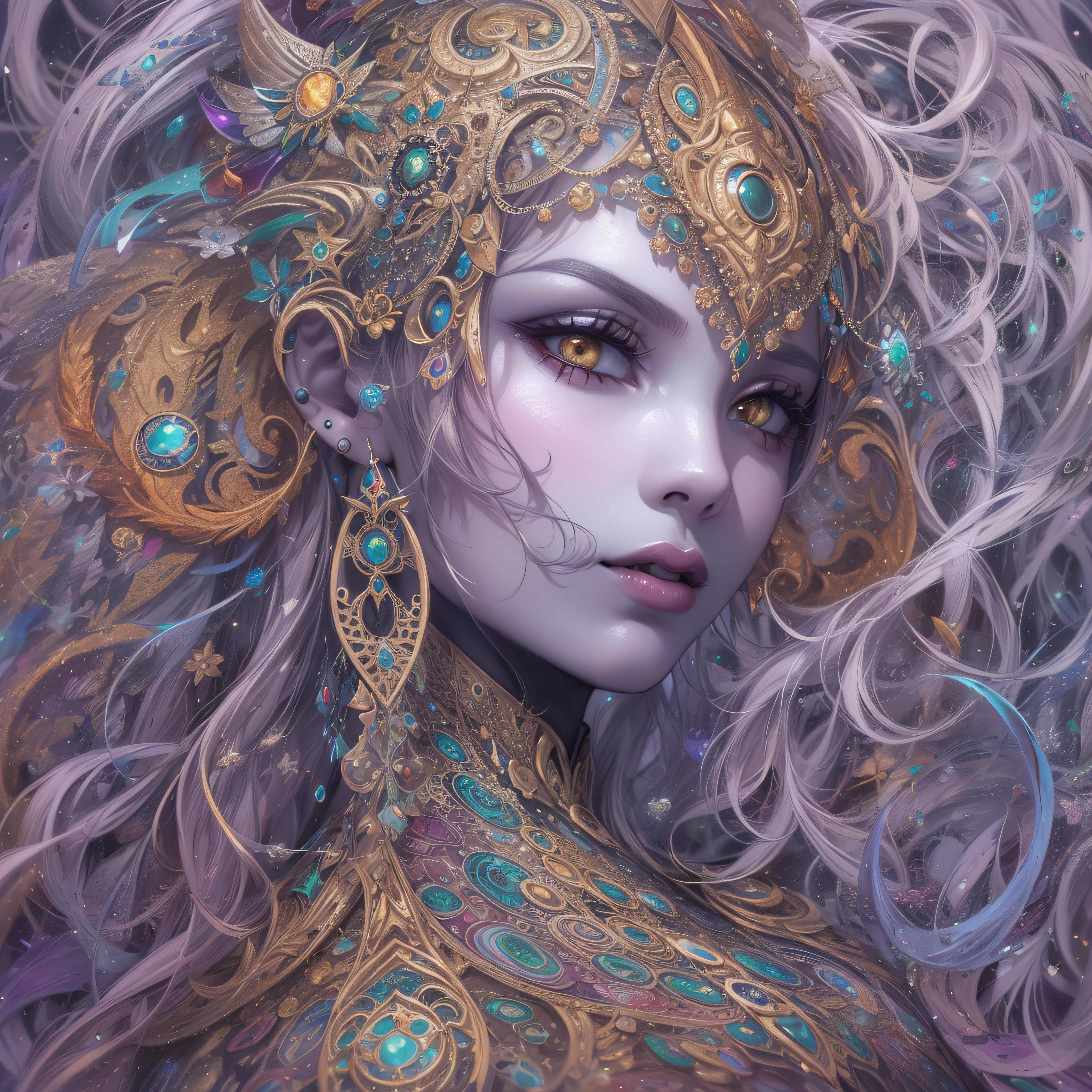 (obra-prima, qualidade superior, melhor qualidade, arte oficial, beautiful and aesthetic: 1.2), (1girl:1.3), lolth drow, aranhas, teias, drow, extremamente detalhado,(arte fractal:1.1),(colorido:1.1),mais detalhado,( zentangle:1.2), (Dynamic Stance), (fundo abstrato:1.3), (pele brilhante), cores escuras, ,(brincos:1.4), (penas:1.4)