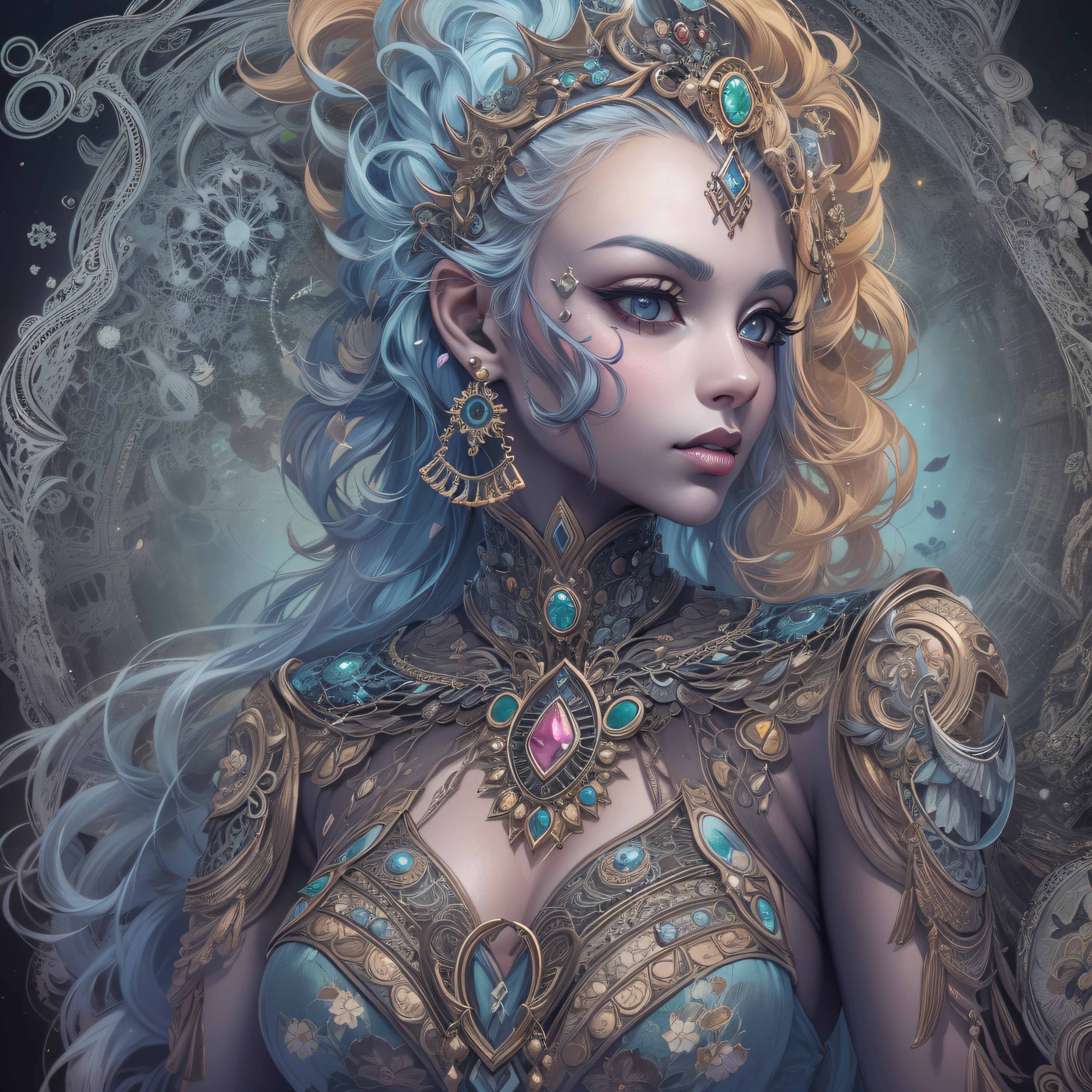 (obra-prima, qualidade superior, melhor qualidade, arte oficial, beautiful and aesthetic: 1.2), (1girl:1.3), lolth drow, aranhas, teias, drow, extremamente detalhado,(arte fractal:1.1),(colorido:1.1),mais detalhado,( zentangle:1.2), (Dynamic Stance), (fundo abstrato:1.3), (pele brilhante), cores escuras, ,(brincos:1.4), (penas:1.4)