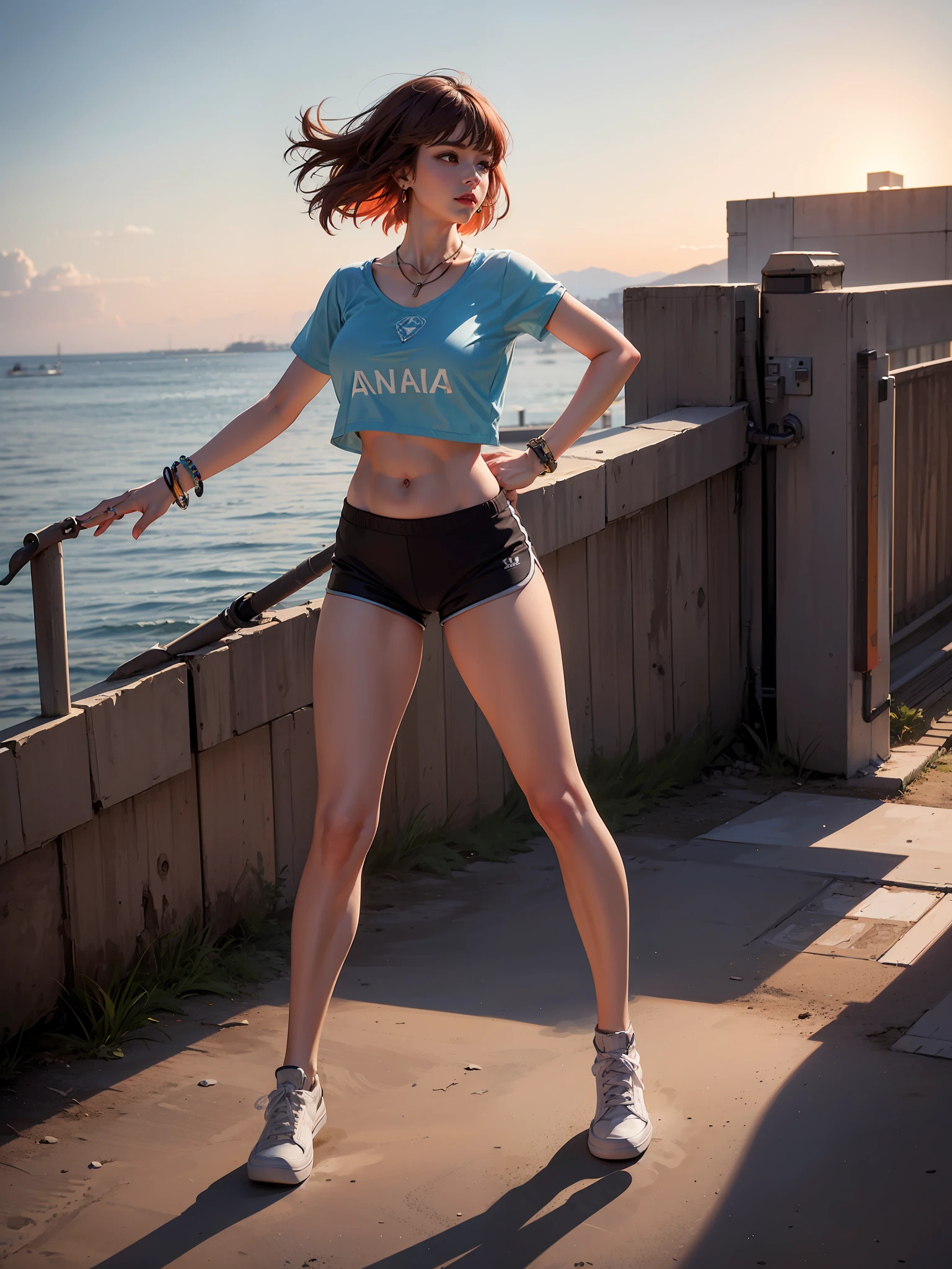 Best quality, full body portrait, delicate face, red short hair, mullet, 18 year old girl, slim figure, huge bust, oversized crop top T-shirt, belly, crotch gap, cameltoe, running shorts, sunset bridge, scene, standing tall, , necklace, rings, earrings, bracelet, watch, Vans Old Skool, thigh high, running pose