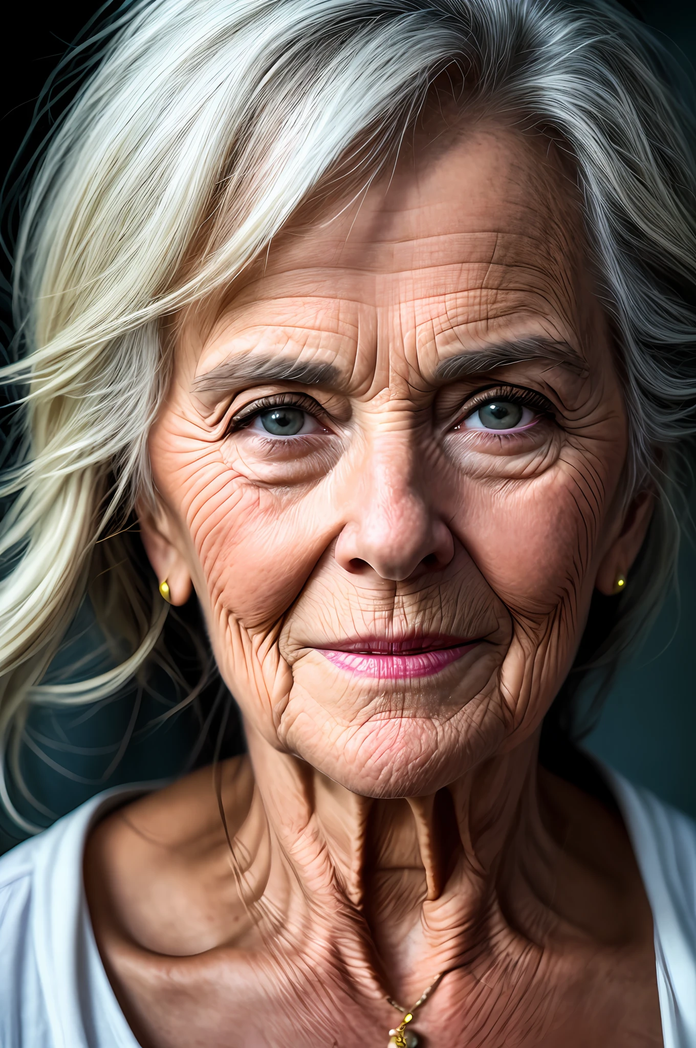 a close up photograph of a beautiful older woman, award winning photo, best quality, portrait, by lee jeffries ,nikon d850 ,film ,stock photograph, kodak 400, f1.6 lens ,(rich colors:1.1) ,hyper realistic, lifelike texture, natural lighting unreal engine, cinestill 800, (100mm lens)