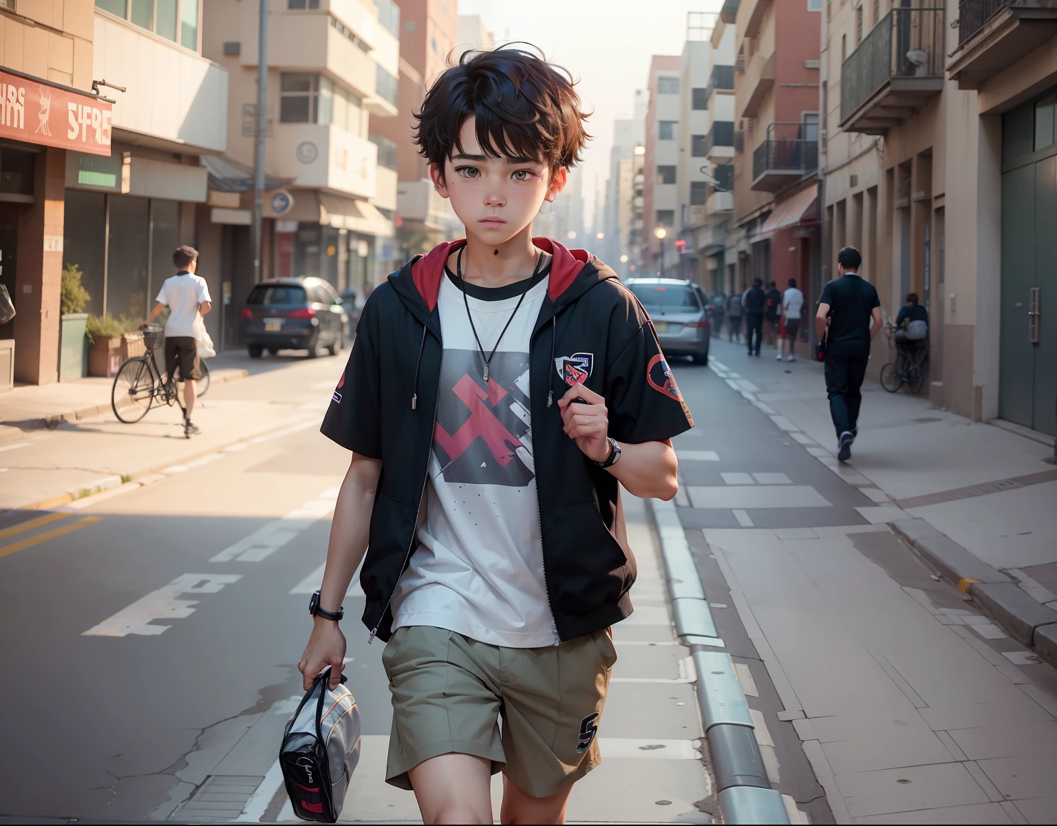 15-Year-Old Boy Walks Lost Through City Streets of Athletic Medical Corps Wears Student Clothes, su cabello y sus ojos son de lor gris piel rosada