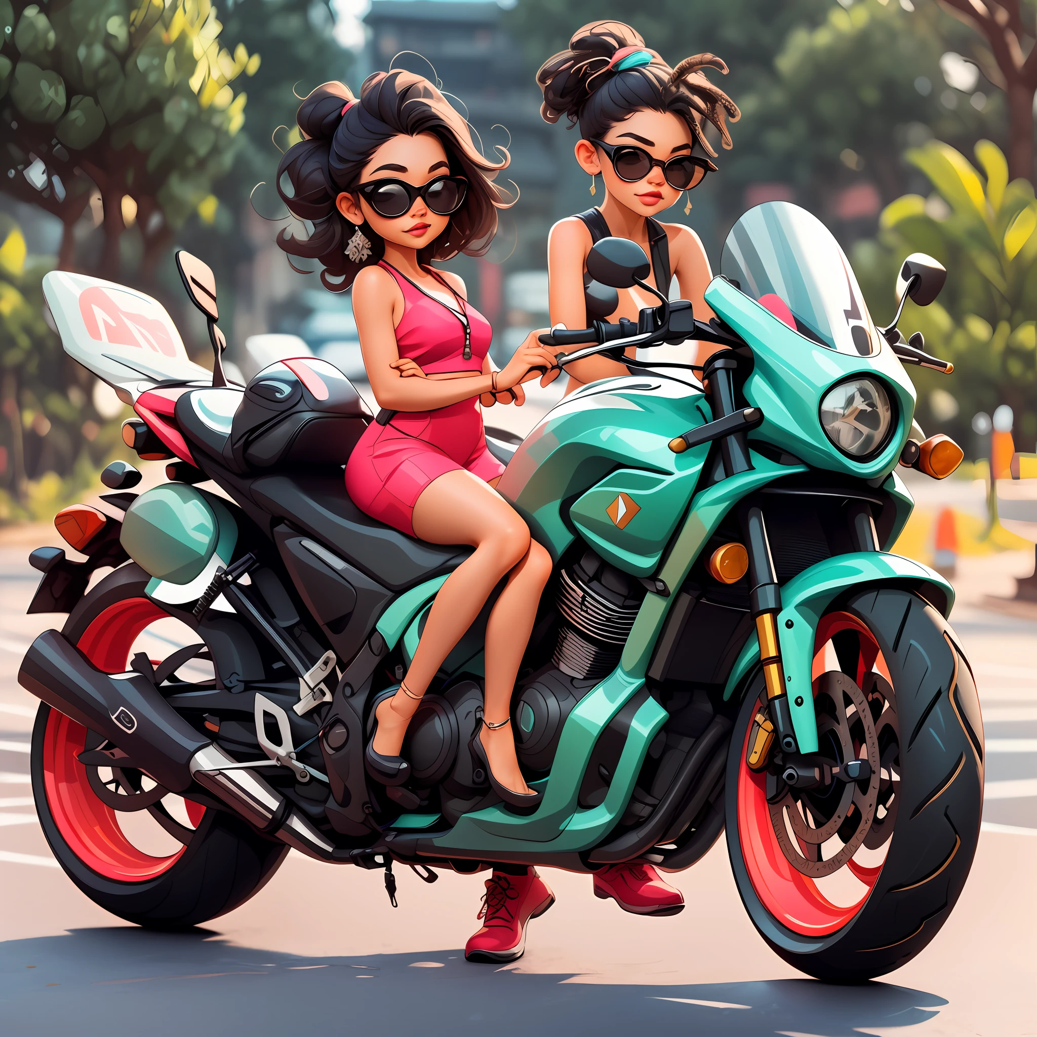1 adesivo, manual, (etiqueta, uma elegante, model, top cabelos pretos, sun glasses, Cool Trend Motorcycle), fundo preto, fundo simples, minimum, fofo, tiny, cor pastel, estilo vetorial, Sem gradiente, africana