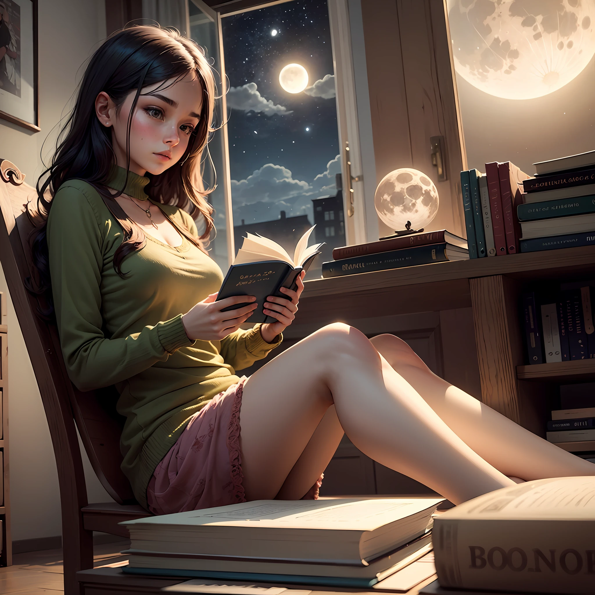 The place is a giant library, camera vista de baixo, sobras perfeitas, imagem perfeita, a girl is reading a book, You can see the moon from the window --auto