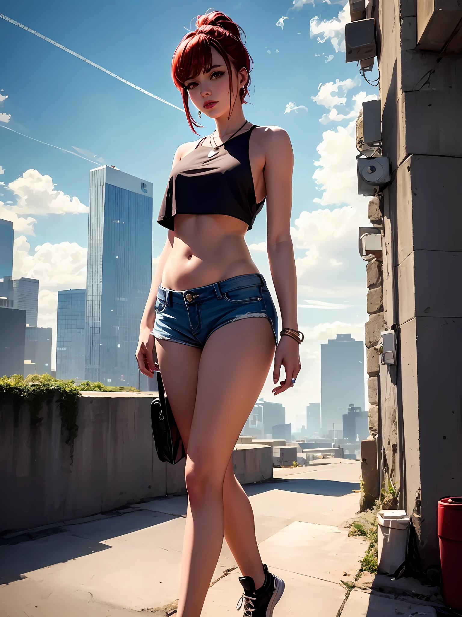 Best quality, full body portrait, delicate face, red short hair, ponytail, forehead, 18 year old girl, slim figure, huge bust, oversized crop top T-shirt, belly, small waist, crotch gap, cameltoe, low-waist shorts, string bikini bottoms, sunset bridge, scene, standing tall, long leg , necklace, rings, earrings, bracelet, watch, Nike Air Jordan, open legs, there is a woman with red hair and a black top posing on a street, better known as amouranth, amouranth, young beautiful amouranth, redhead female cyberpunk, in cyberpunk style, misty from pokemon, on a rooftop, cyberpunk 2 0 y. o model girl, wearing a sexy cropped top, beautiful cyberpunk woman model, in a cyberpunk setting