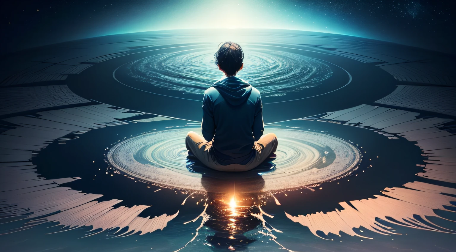 An evocative visual representation stimulating introspection and self-inquiry. Present an individual deep in thought, reflecting upon the perpetual endeavor to control and manipulate the world versus surrendering to life's organic ebb and flow. The image underscores the profound truth that genuine tranquility and fulfillment stem from harmonizing with the natural current of existence, rather than trying to impose one's will upon it." --auto