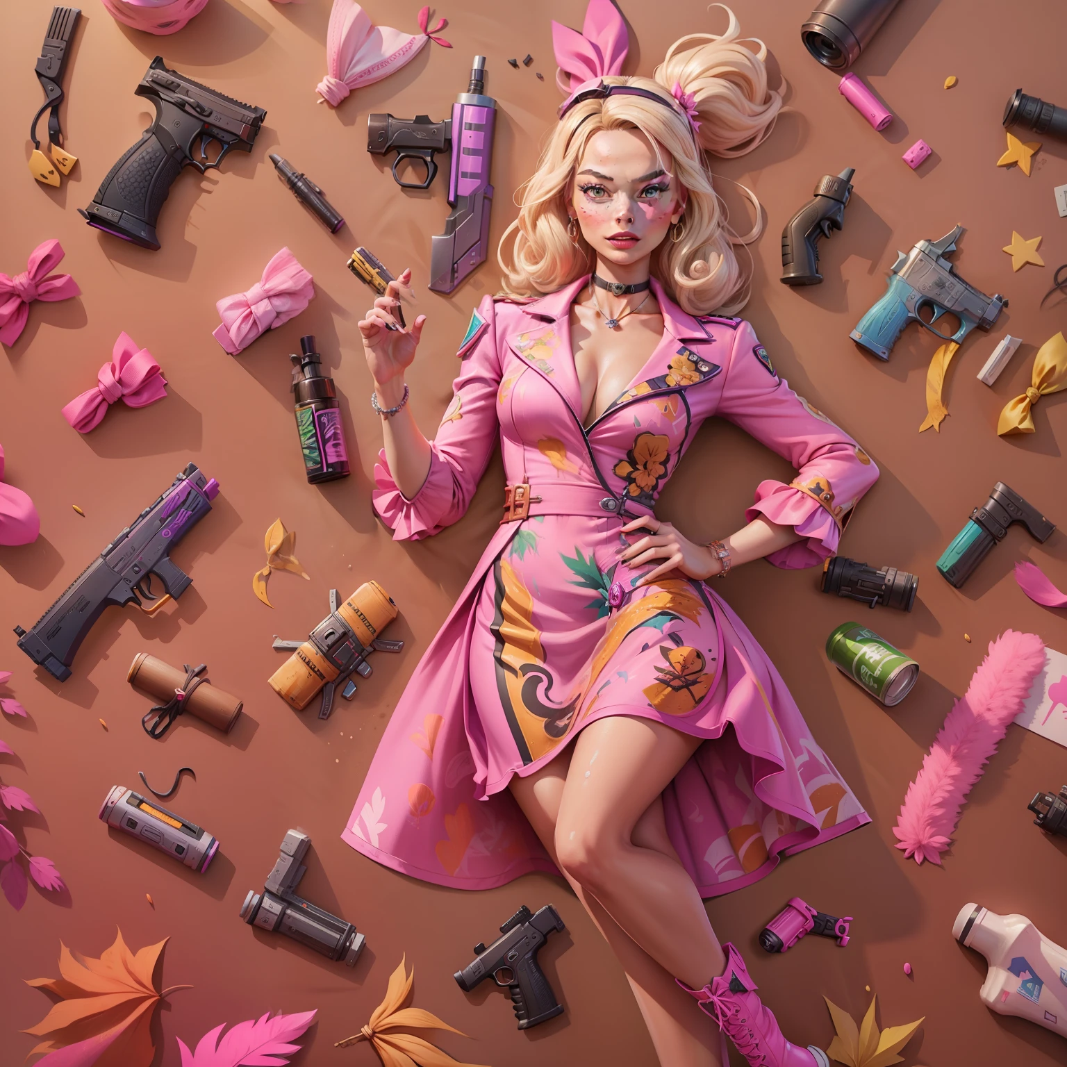 Margot Robbie as Barbie in the Fortnite Game Aesthetics, verstindo um vestido rosa com renda, sapatos de salto alto, segurando uma picareta rosa e uma pistola amarela, peitos pequenos, No hypersexualization, splash art oficial da barbie no fortnite, mapa do jogo fortnite como fundo.