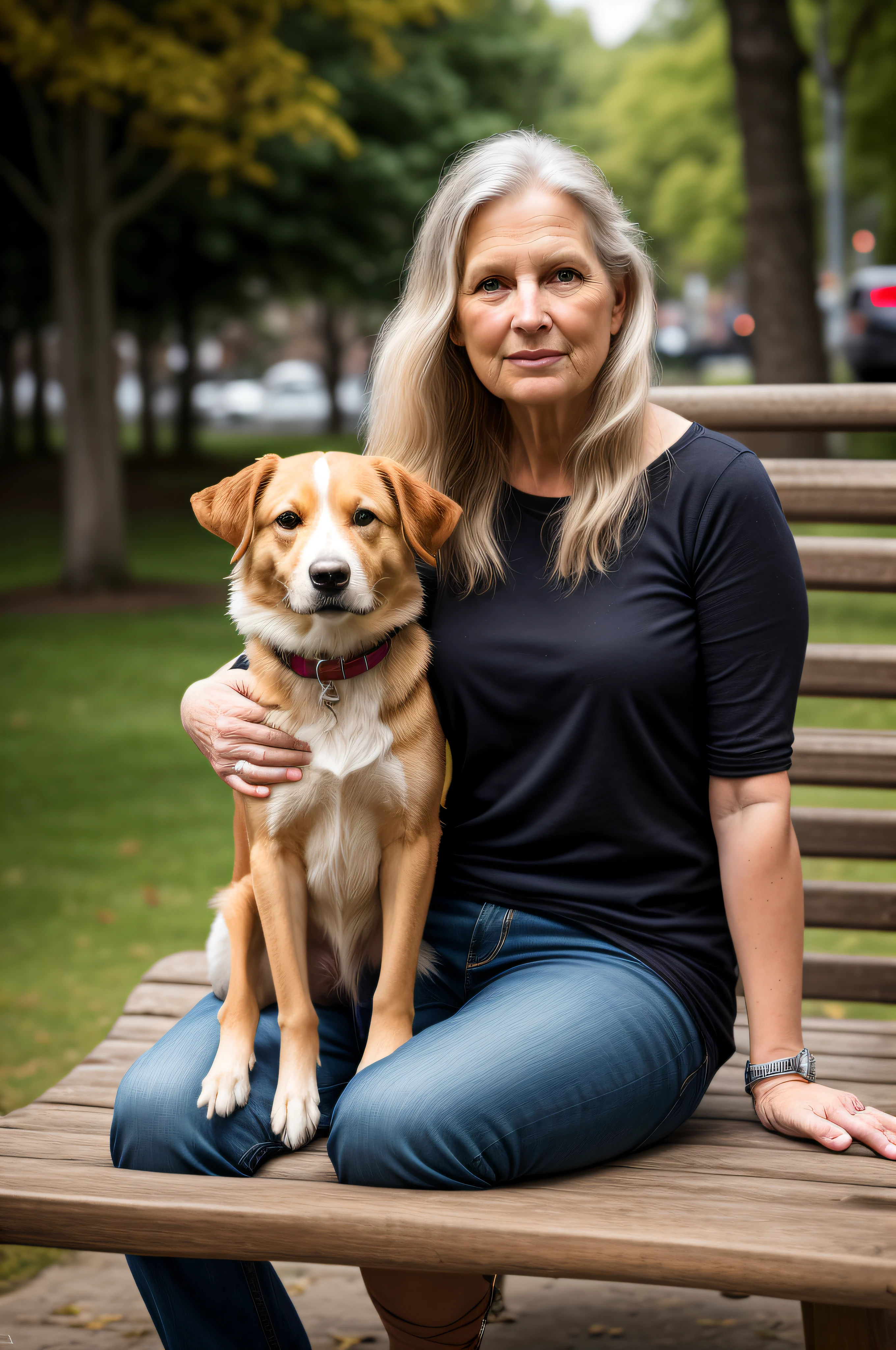 Uma fotografia de retrato de uma bela velha ((70 anos)), foto premiada, melhor qualidade, Retrato por Annie Leibovitz, Canon 5D Marcos II, Film, fotografia profissional, (cores ricas:1.1), hyper realistic, Realistic texture, (natural lightting: 1.1), (Canon EF 85mm f/1.4L IS USM) sits on the bench in the square with his dog