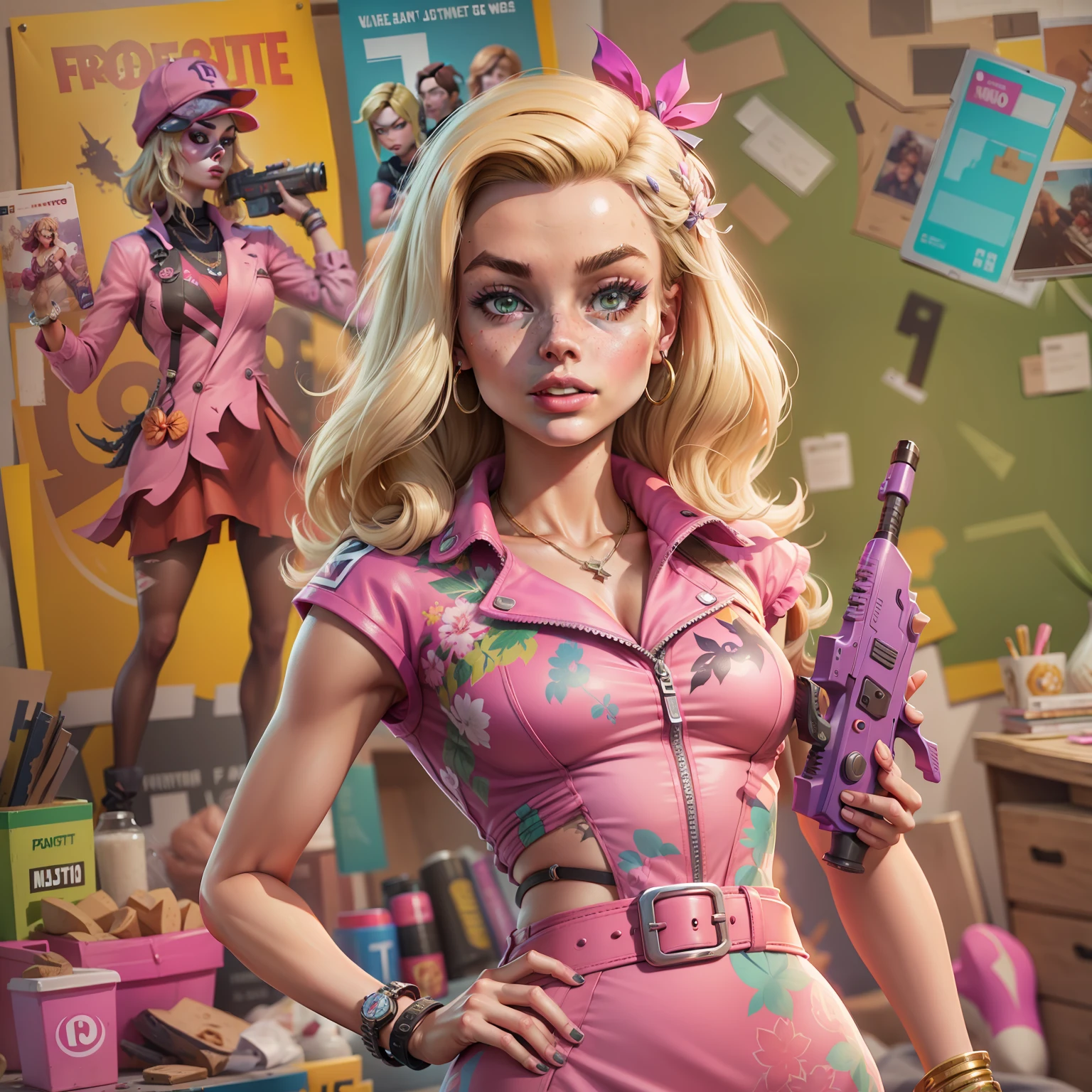 Margot Robbie as Barbie in the Fortnite Game Aesthetics, verstindo um vestido rosa com renda, sapatos de salto alto, segurando uma picareta rosa e uma pistola amarela, peitos pequenos, Do not use sexualization, roupas despojadas, splash art oficial da barbie no fortnite, mapa do jogo fortnite como fundo.