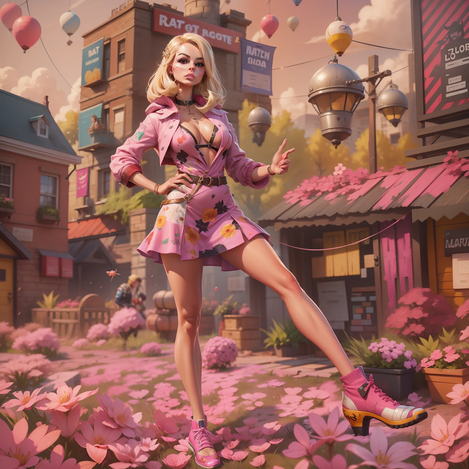 Margot Robbie as Barbie in the Fortnite Game Aesthetics, verstindo um vestido rosa com renda e babadinhos, sapatos de salto alto, segurando uma picareta rosa e uma pistola amarela, peitos pequenos, No hypersexualization, splash art oficial da barbie no fortnite, mapa do jogo fortnite como fundo.