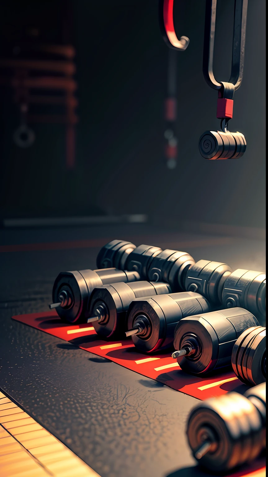 gym environment with a little smoke, hipnotizante, dumbbells and bars scattered on the floor, uma imagem inspiradora para quem deseja treinar, fitness, forza, poder, ferro.