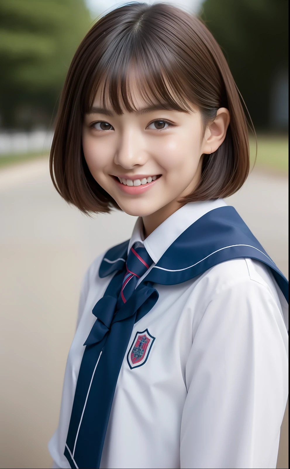 wave her hand、skinny legs、Short-cut hair、Extraordinary Beauty、Cute face、The best smile、Cute smile、frontage、slender、straight haired、schools、ulzzang-6500-v1.1, (Raw foto:1.2), (Photorealsitic:1.4), a beautiful detailed girl, extremely detailed eye and face, beatiful detailed eyes, huge filesize, hight resolution, ighly detailed, top-quality, masterpiece, ((Japanese girls' high school uniform)), ighly detailed, CG, 8k wallpaper, magnifica, finely detail, top-quality, Highly detailed CG uniforms、 Light on the face、电影灯光、a 19 years old girl、