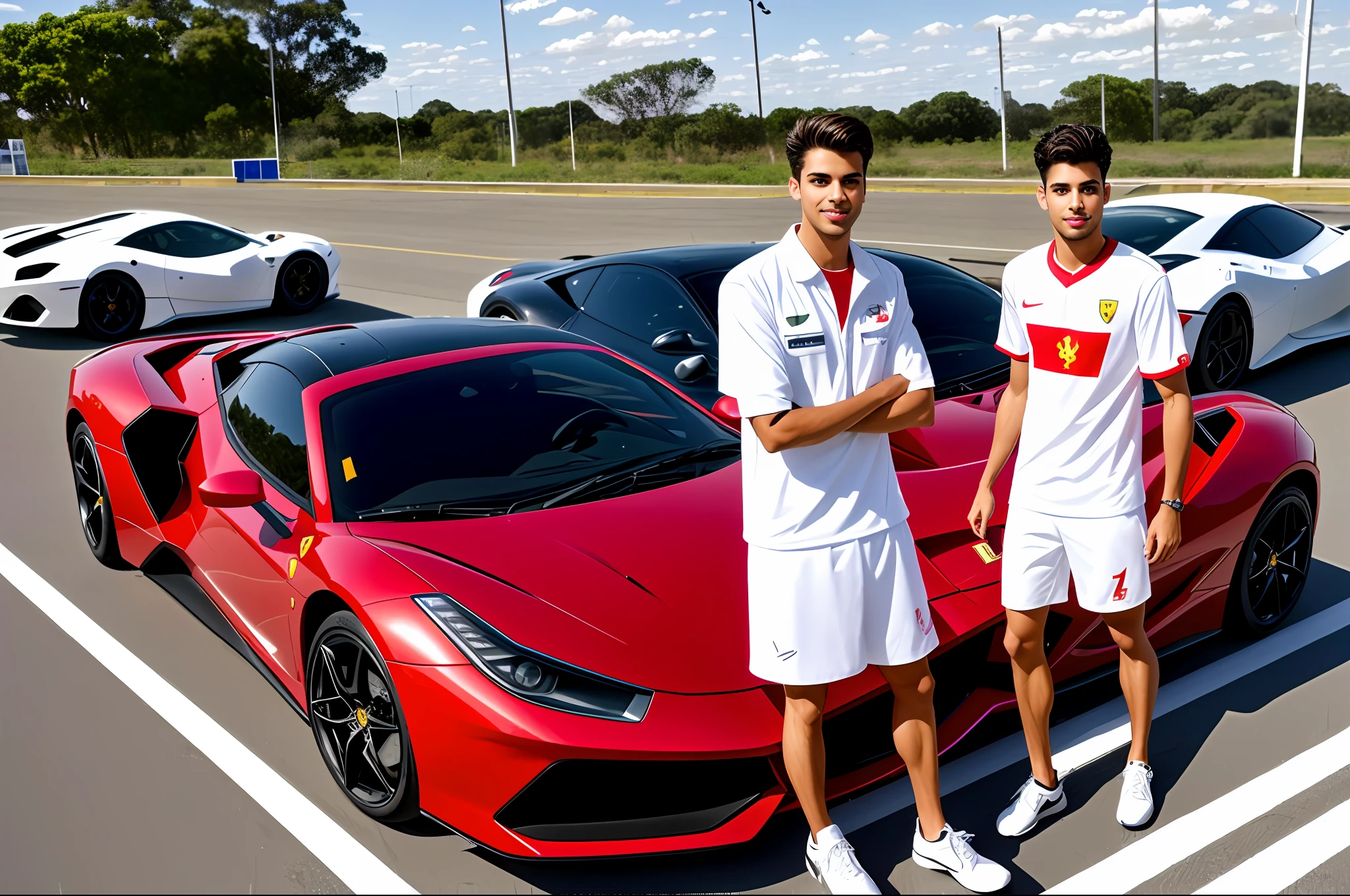 White man, 1.78m tall, thin, Brazilian, ultra realistic, next to a red Ferrari car in 8k