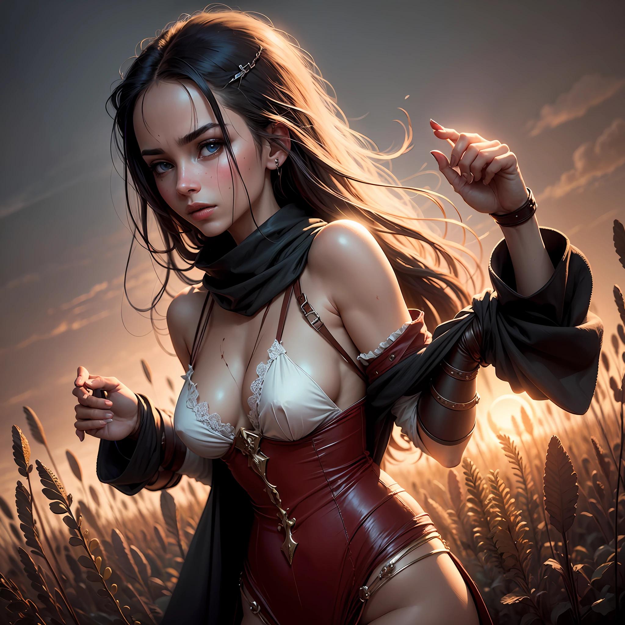 "Beautiful slave girl, Bound in velvet fetters, contrasting lighting, the mystical atmosphere and the mysterious depth of the fields." --auto