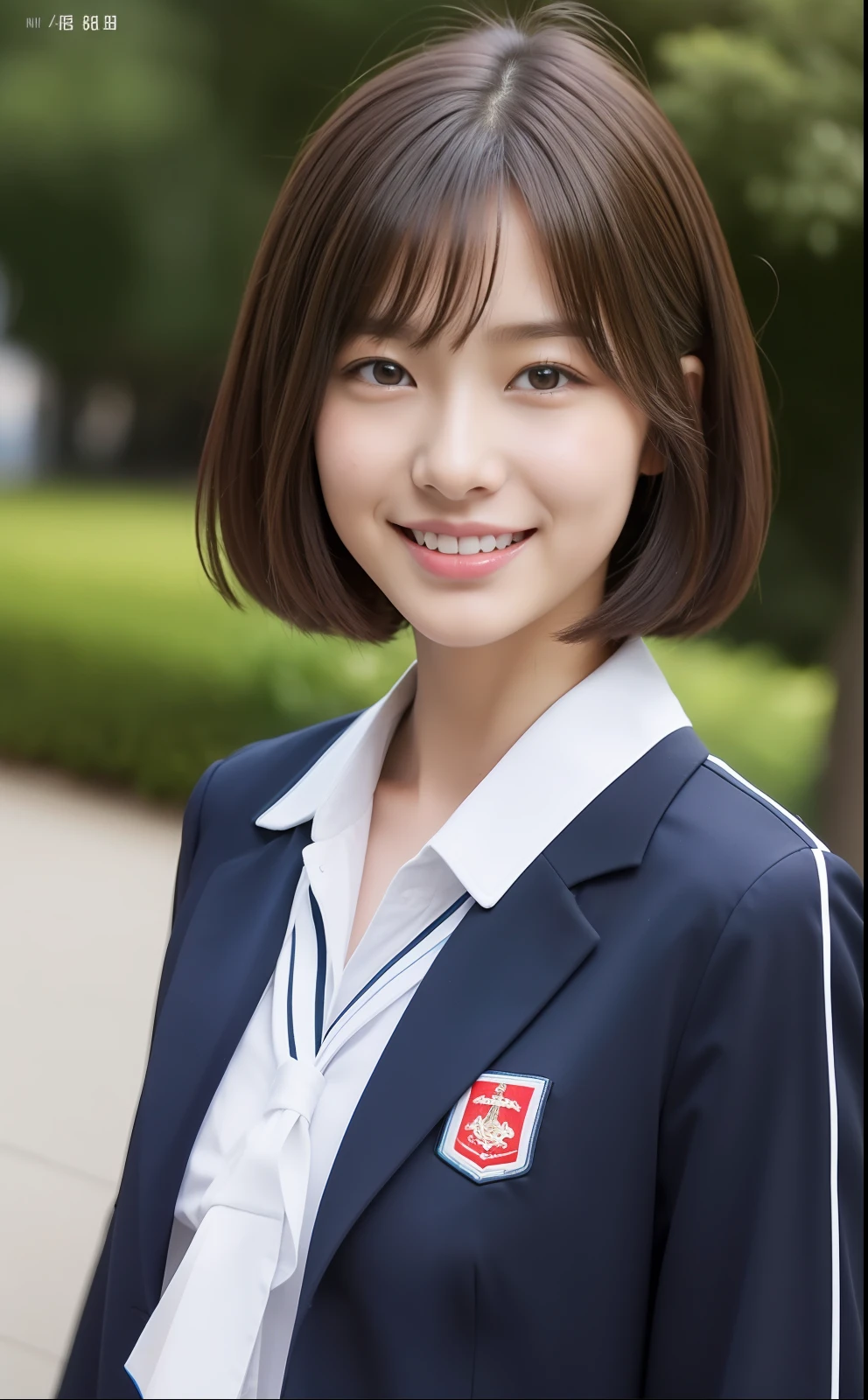 wave her hand、skinny legs、Short-cut hair、Extraordinary Beauty、Cute face、The best smile、Cute smile、frontage、slender、straight haired、schools、ulzzang-6500-v1.1, (Raw foto:1.2), (Photorealsitic:1.4),　a beautiful detailed girl, extremely detailed eye and face, beatiful detailed eyes,  huge filesize,  hight resolution, ighly detailed, top-quality, ​masterpiece,  ((Japanese girls' high school uniform)),  ighly detailed, CG,  8k wallpaper, magnifica, finely detail,  top-quality, Highly detailed CG uniforms、 Light on the face、电影灯光、a 19 years old girl、