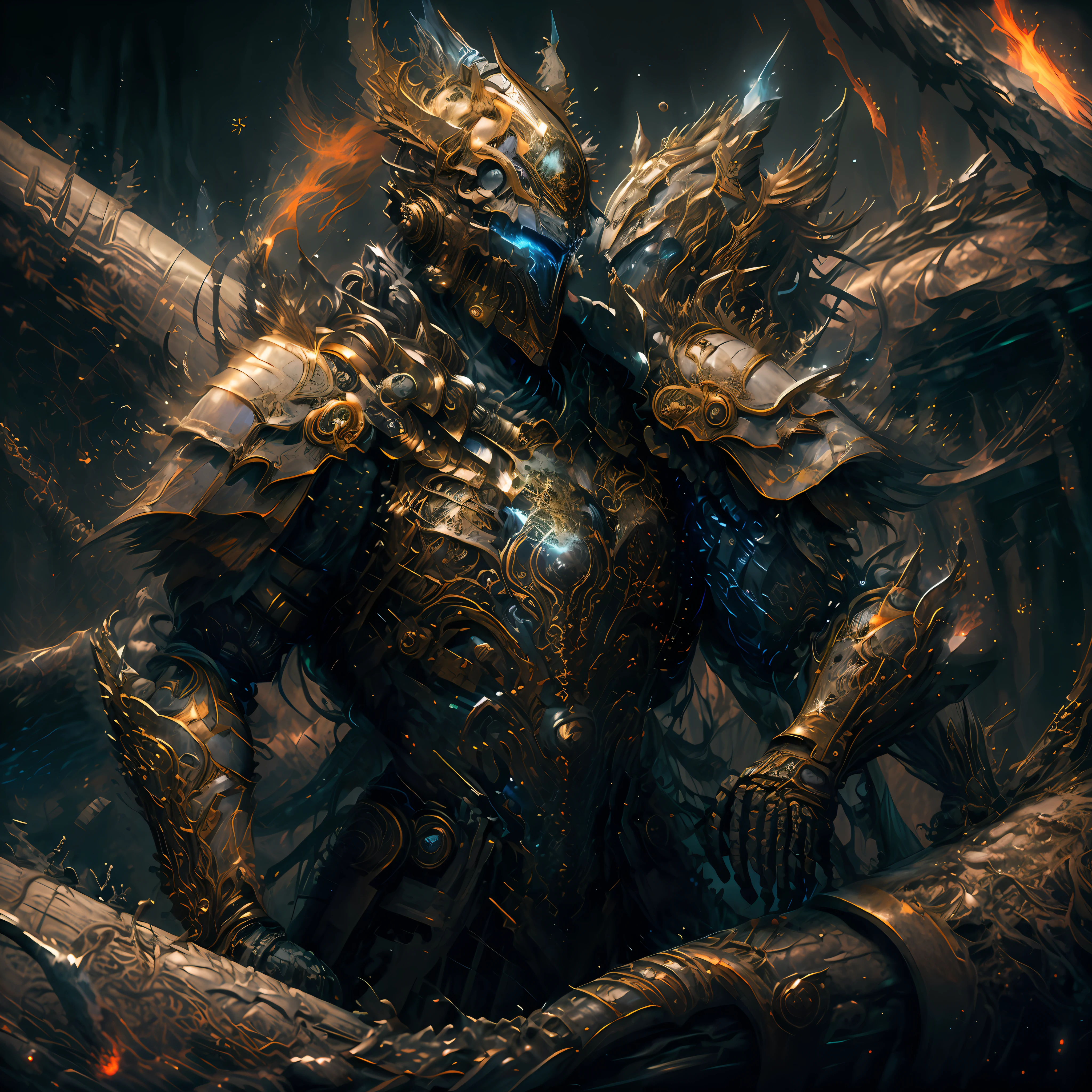 magia,magic,particle fx,Armor enchantment,holding a longsword,The sword comes with its own flame,Blue Flame,Future armor,Chest glow,cyber punk perssonage