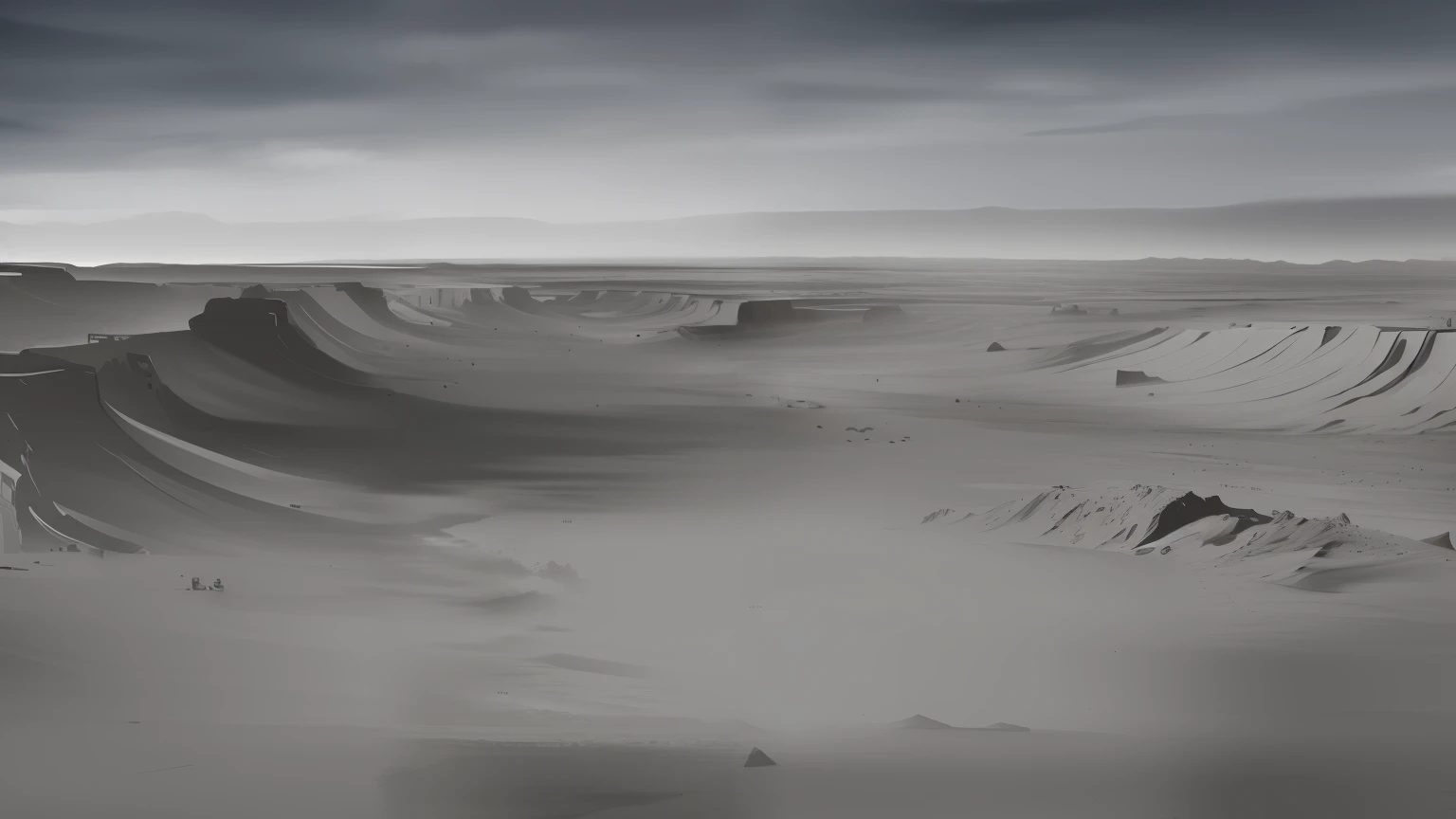 There is a black and white photo of a desert landscape, gray wasteland, Pintura mate en blanco y negro, illustration matte painting, Dystopian landscape, Arte conceptual de pintura mate, Una pintura mate, Pintura digital mate, Dota Matte Painting Concept Art, matte sharp painting, Concept Art Pintura mate, dystopian alien landscape, Dota! Arte conceptual de pintura mate, Arte conceptual. epic scenery