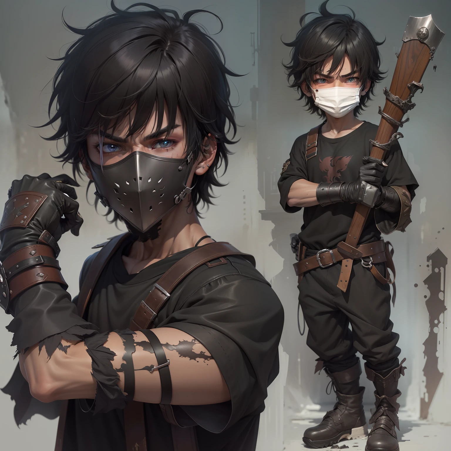 Imagine a 15-year-old boy with jet-black hair, dressed in a black long-sleeved shirt and baggy sweatpants. His body is covered in old, worn, and dirty leather armor, complete with gloves. He wears a mysterious white mask that only reveals his piercing eyes. In his hand, he holds a rusty longsword with a thick black scabbard and a weathered wooden handle, , anime style”