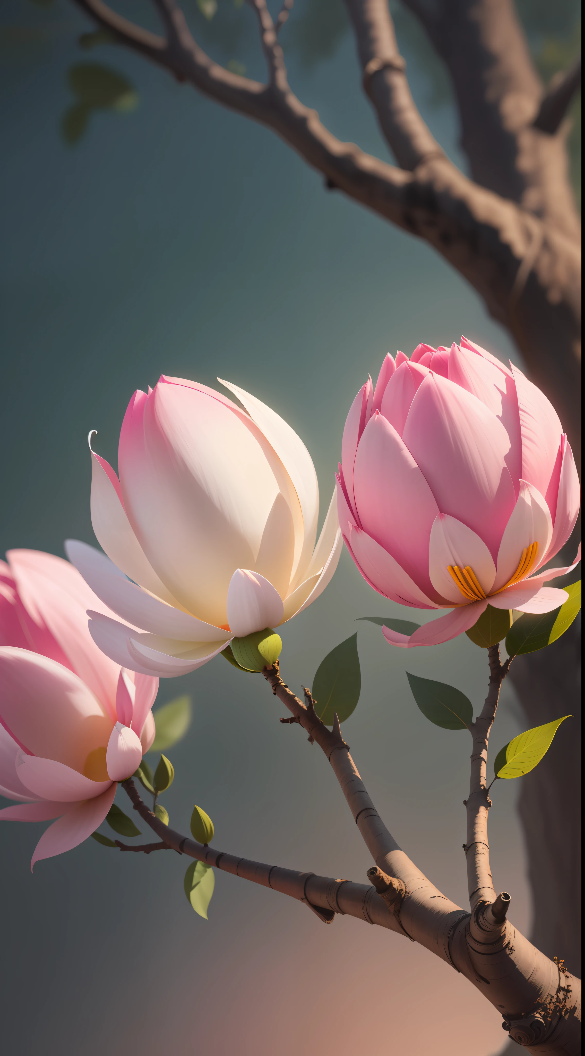 Three colorful Magnolia, three Magnolia in tree, Magnolia,dark background,high resolution,high quality,blue roses