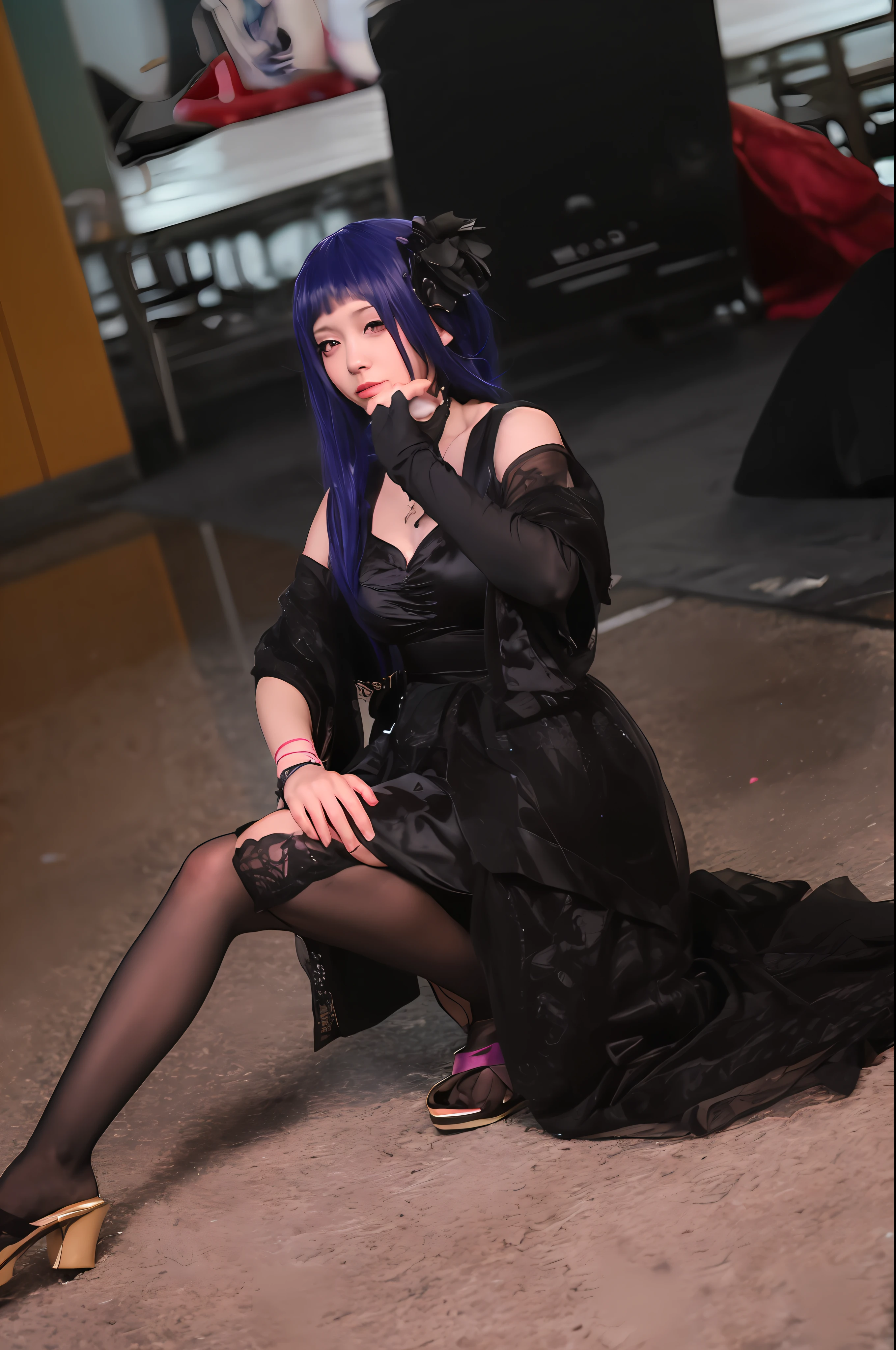 there is a woman in a black dress sitting on the floor, elegant glamourous cosplay, Anime girl cosplay, rpgmaker, Anime cosplay, glamourous cosplay, cosplay foto, black and violet costume, cosplay, hot topic anime convention, wearing a gothic dress,publicity cosplay