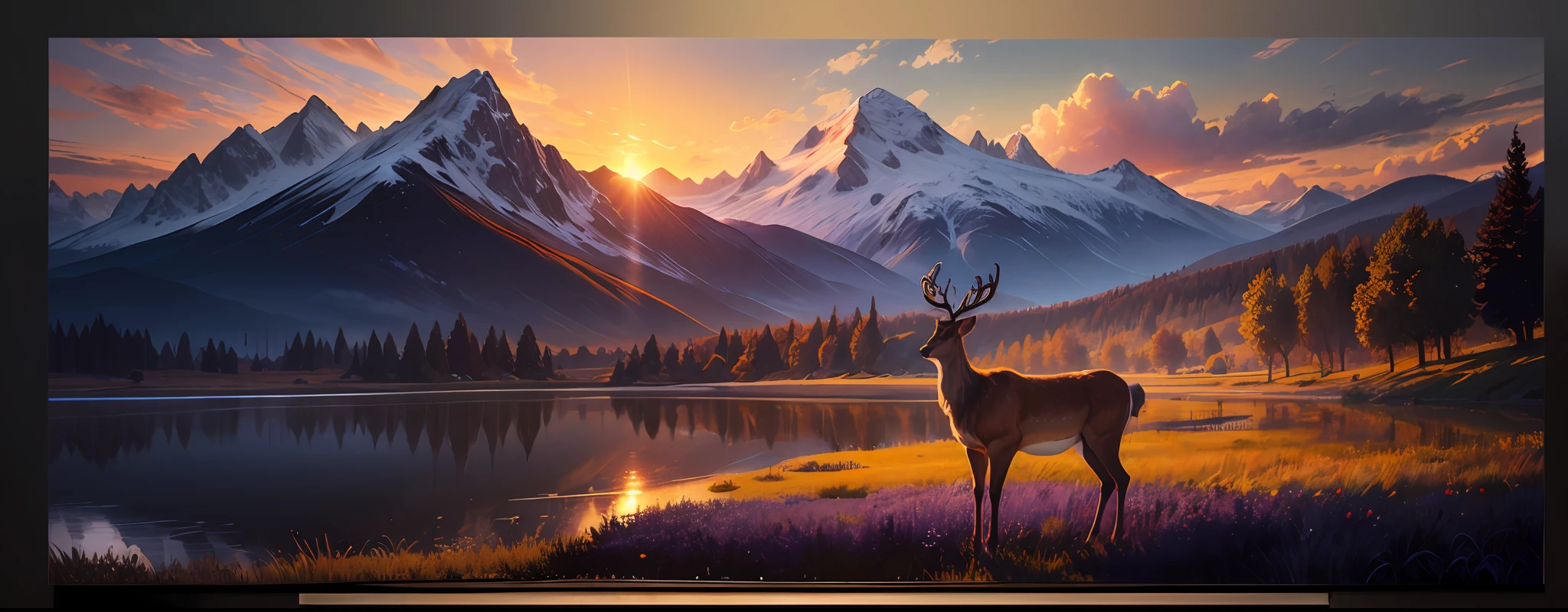 Artwork, masterpiece, painting, impressionism. Monet, van gogh, most beautiful image in the world, awe-inspiring, sunset with mountains in the distance and a plain and a deer with large and majestic antler, orange and blue and purple twilight light, hdr, wide angle, long exposure, rule of thirds --auto