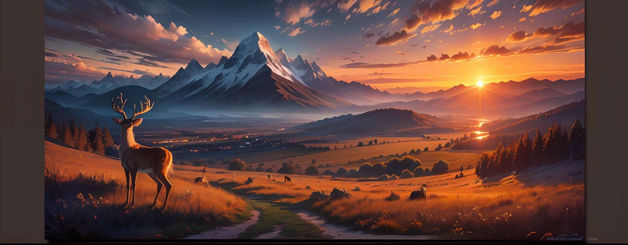 Artwork, masterpiece, painting, impressionism. Monet, van gogh, most beautiful image in the world, awe-inspiring, sunset with mountains in the distance and a plain and a deer with large and majestic antler, orange and blue and purple twilight light, hdr, wide angle, long exposure, rule of thirds --auto