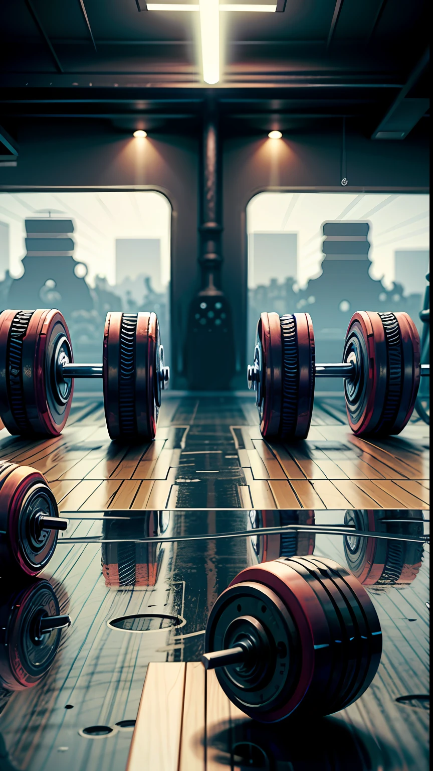 futuristic gym environment with a bit of smoke, hipnotizante, dumbbells and bars scattered on the floor, uma imagem inspiradora para quem deseja treinar, fitness, forza, poder, ferro.