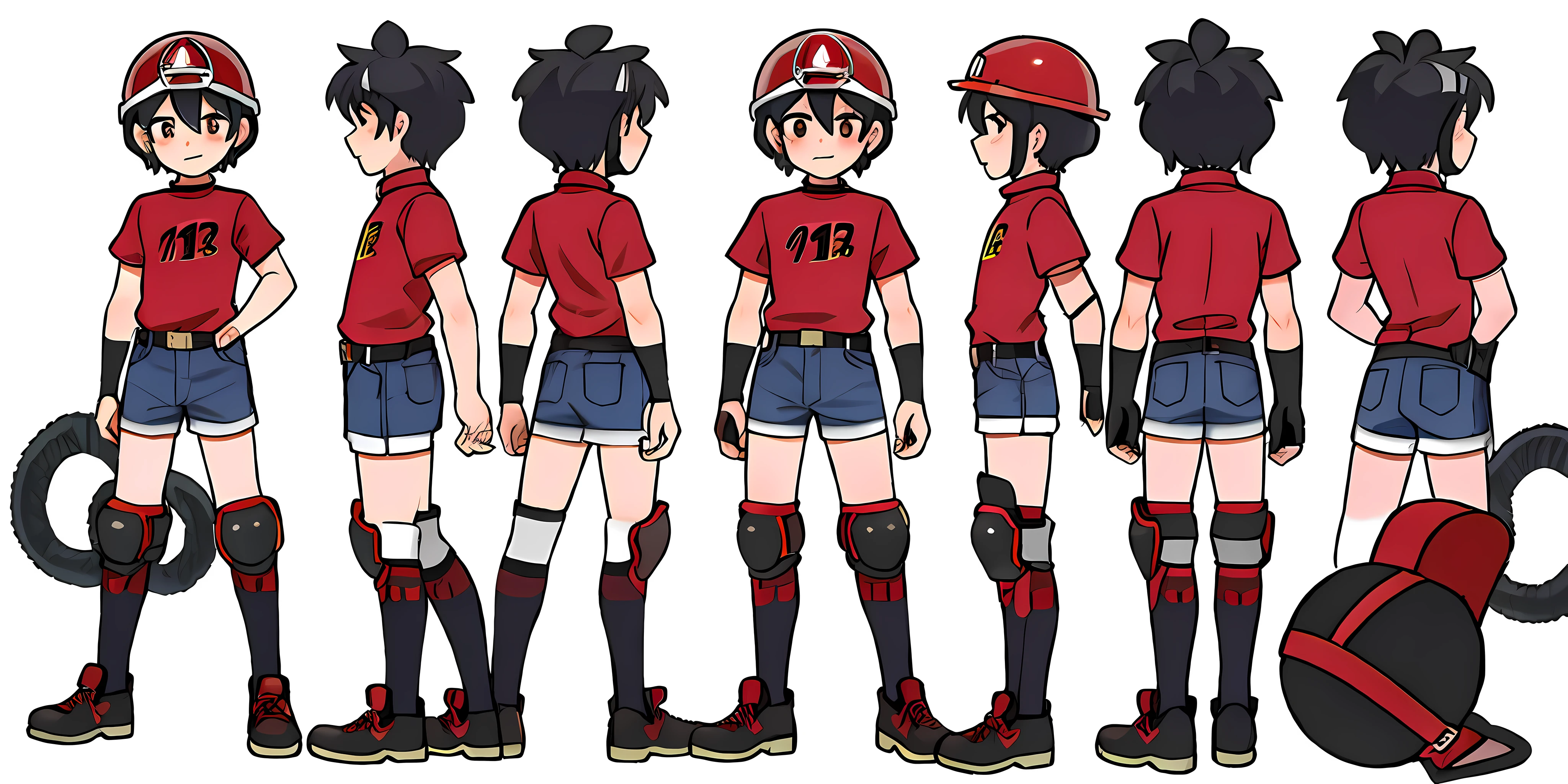 "A character turnaround of a 10 year old boy with black hair wearing a red skater helmet red shirt with black print
blue elbow pads blue knee pads white socks red allstars sneackers and bottom a denim micro shorts.", "Multiple views of the same character in the same outfit.", charturnerv2