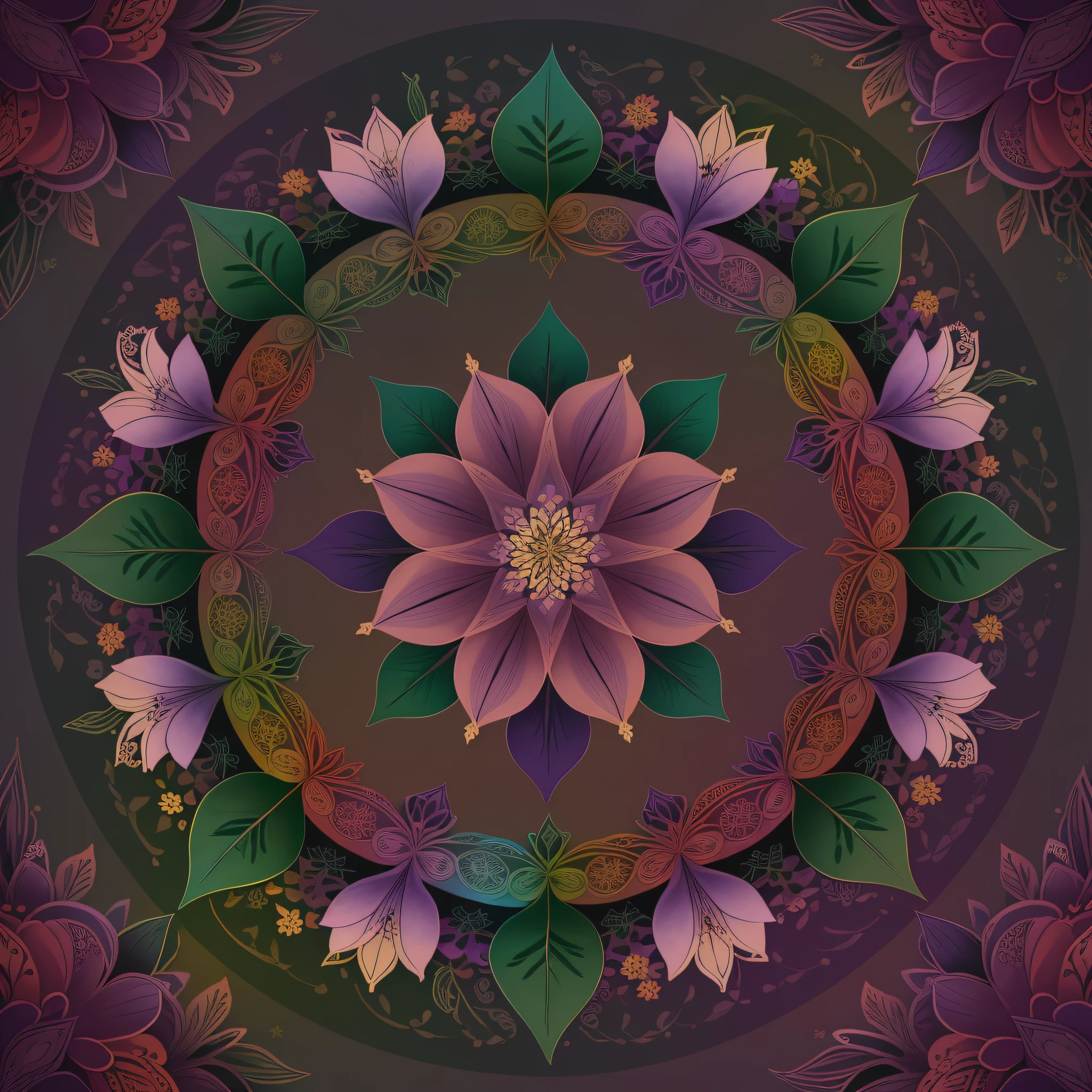 Illustration of mandala with flowers, purple lily, center elements of green leaves and leaves, 8k, brightness, nature, complete picture without cuts