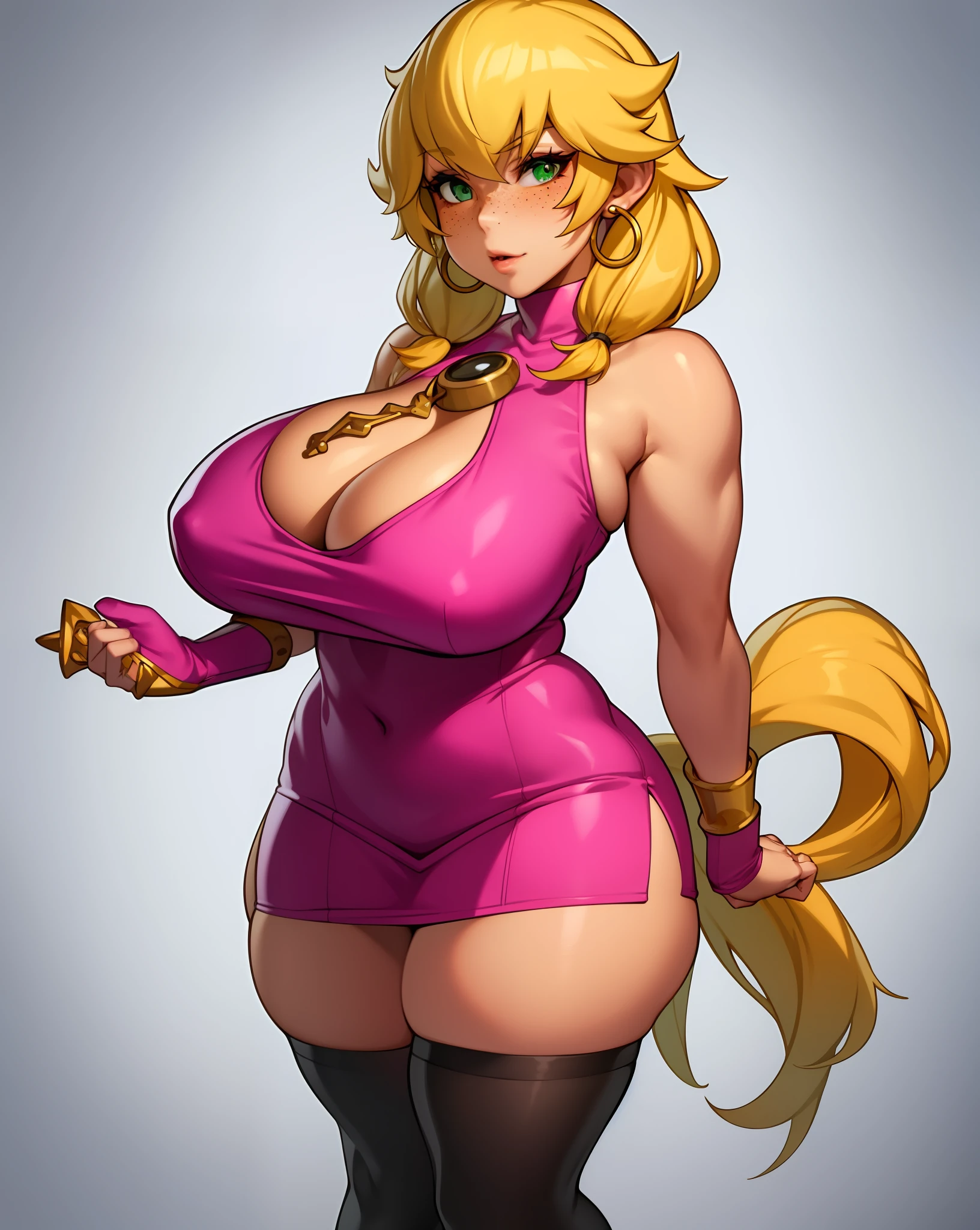 1girl, solo woman, 1 person, single person, woman with a ((PINK)) sleeveless turtleneck sweater, short ((PINK)) skirt, full body portrait, girl fanart, !!full body portrait!!, fullbody portrait, full body character portrait, full-body character portrait, detailed full body, full body illustration, anime full body illustration, anime style character, blonde hair, hairstyle: Pigtails, white thighhigh socks, green eyes, freckles, ((GOLD)) hoop earings, ((no item in hands)) ((ECCHI)) ((LEWD)) ((naughty)) ((Showing skin)) ((Showing chest)) ((Open chest)) ((WHITE BACKGROUND)) white background, 4k resolution blank background, White backdrop