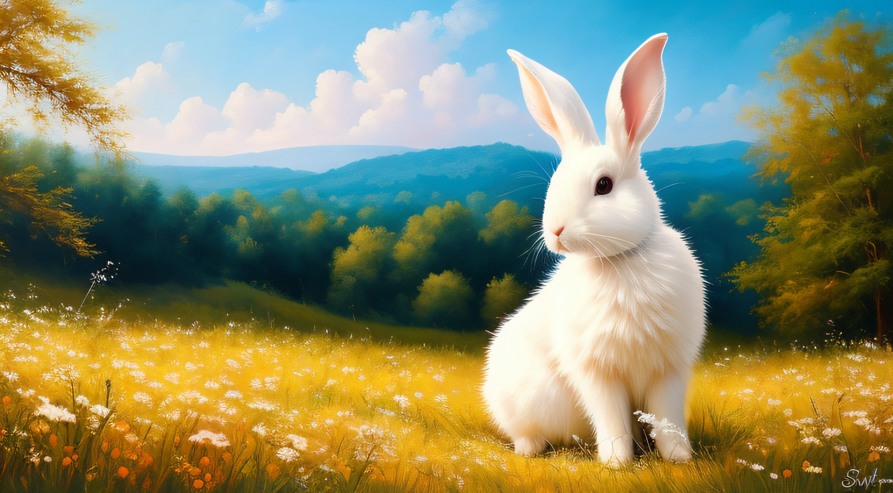 Adorable fluffy rabbit with big ears, sitting on the meadow, blue sky and lush summer forest background, super cute white bunny, hyper detailed, 32k resolution, oil on canvas, oil painting, highest quality, bright, sunny, colorful, summer day, ethereal, wall paper