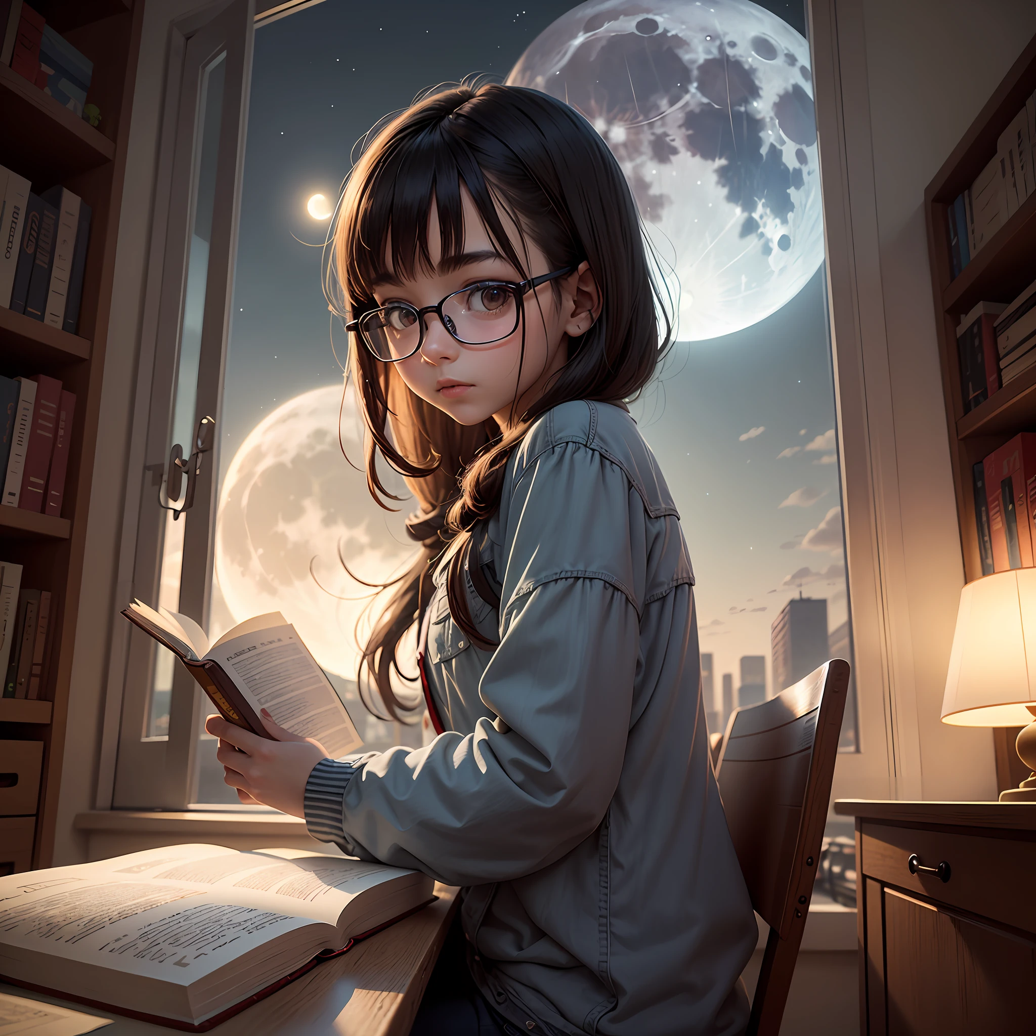 The place is a giant library, camera vista de baixo, sobras perfeitas, imagem perfeita, a girl is reading a book, The girl wears prescription glasses, a garota tem o cabelo preto liso e curto, The girl is looking at the book, You can see the gigantic moon from the window, only has one window --auto