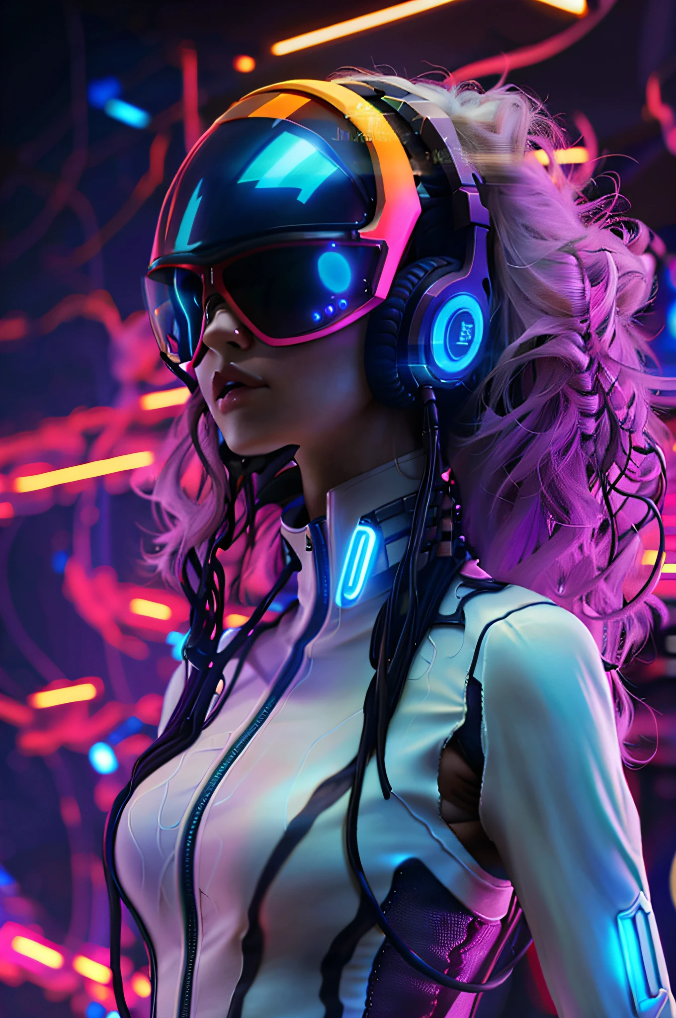 A woman in a futuristic outfit with headphones and a neon light, cyberpunk with neon lighting, vibraciones cyberpunk, dreamy cyberpunk girl, cyberpunk 2 0 y. o Chica modelo, Ambiente cyberpunk, Hermosa modelo de mujer cyberpunk, Cyberpunk hermosa chica, Estilo cyberpunk silenciado, Cyberpunk futurista neo, tiene estilo cyberpunk, en estilo cyberpunk, Resplandor ciberpunk brillante, Futuristic cyberpunk neon, Estilo de arte cyberpunk