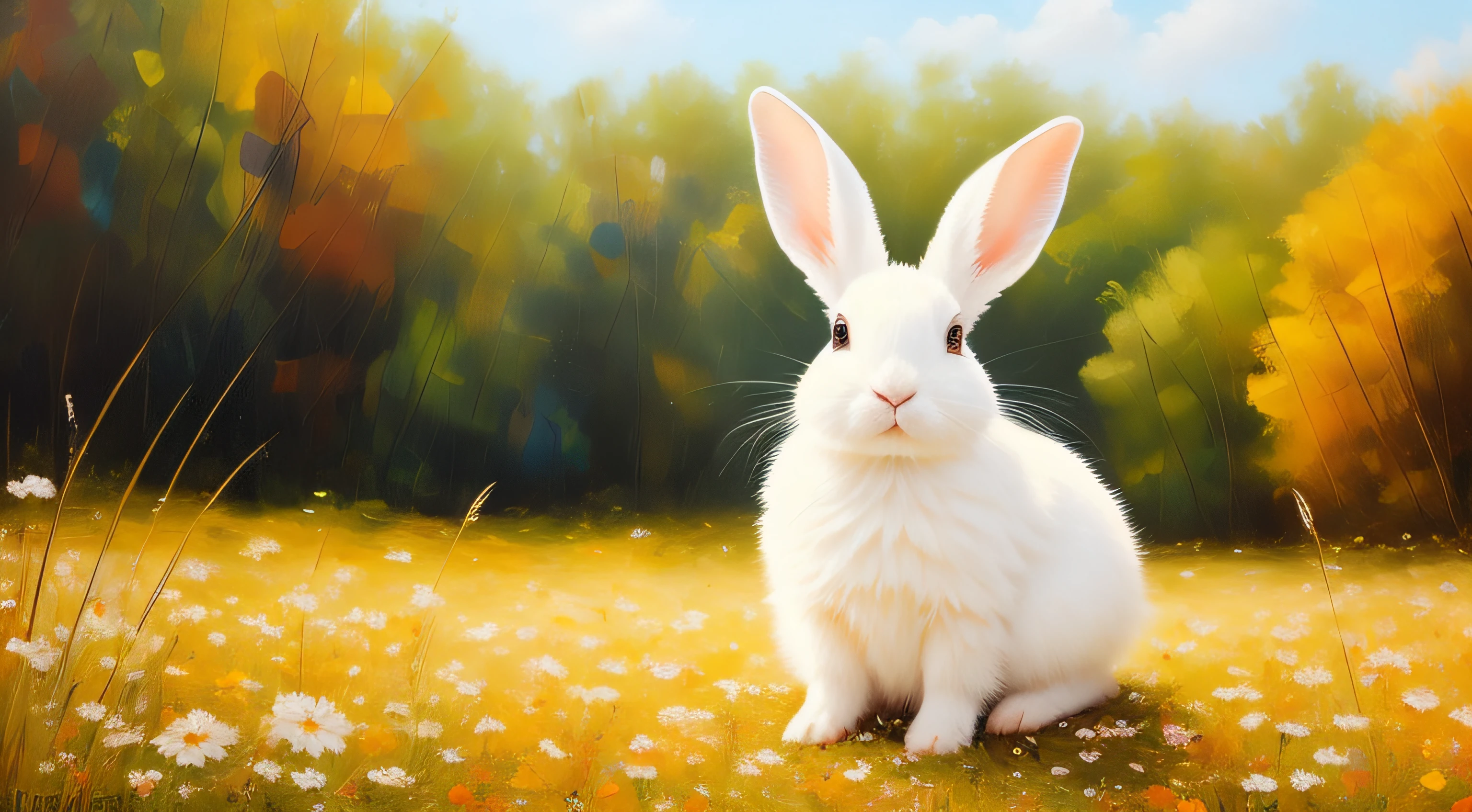 Adorable fluffy rabbit with big ears, sitting on the meadow, blue sky and lush summer forest background, super cute white bunny, hyper detailed, 32k resolution, oil on canvas, oil painting, highest quality, bright, sunny, colorful, summer day, ethereal, wall paper