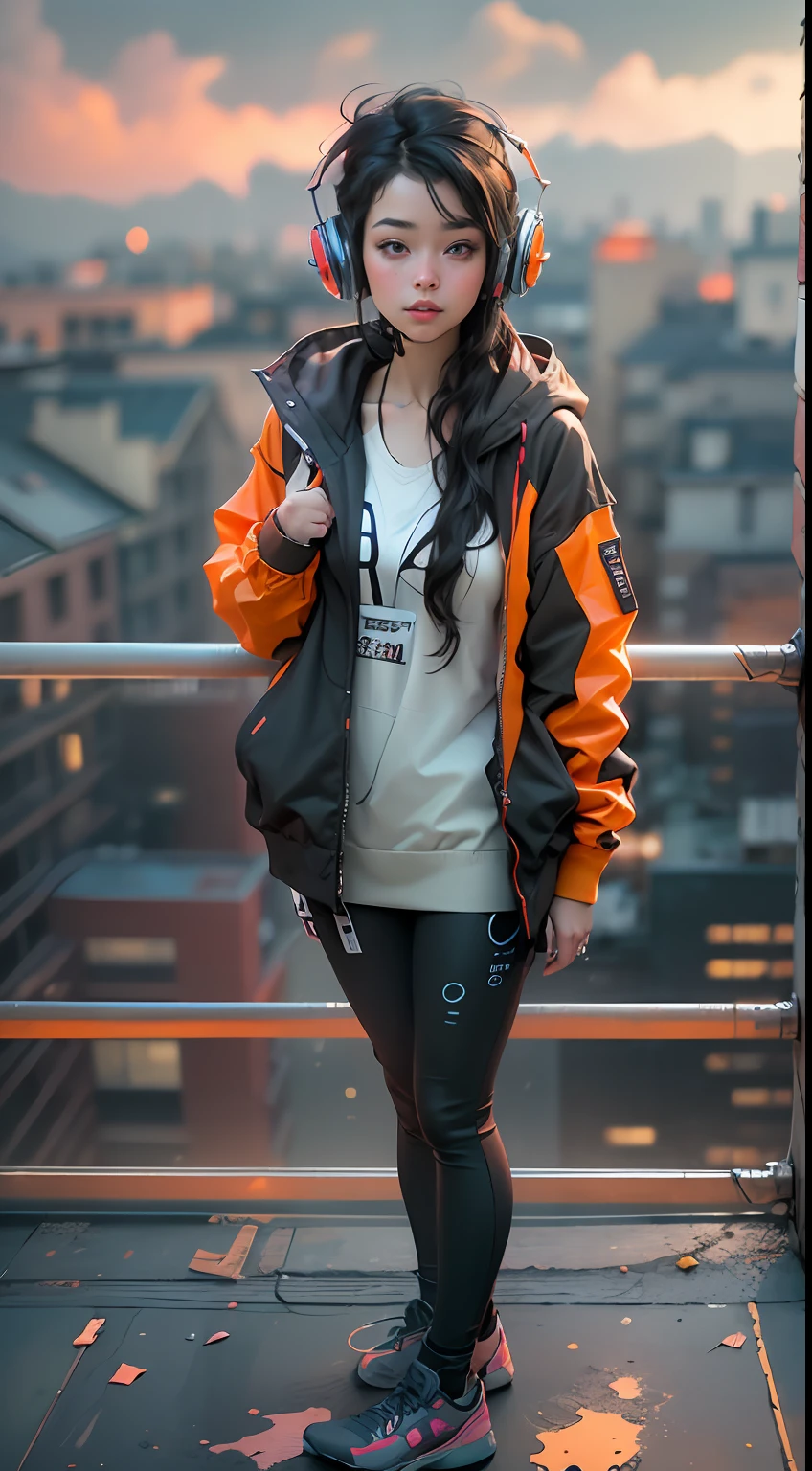 ((Best quality)), ((masterpiece)), ((realistic)) and ultra-detailed photography of a 1nerdy girl with neon headphones. She has ((black hair)), is wearing an orange techwear jacket, and exudes a ((beautiful and aesthetic)) vibe. Full body, standing in rooftop, delicate face, ultra realistic face, beautiful face.