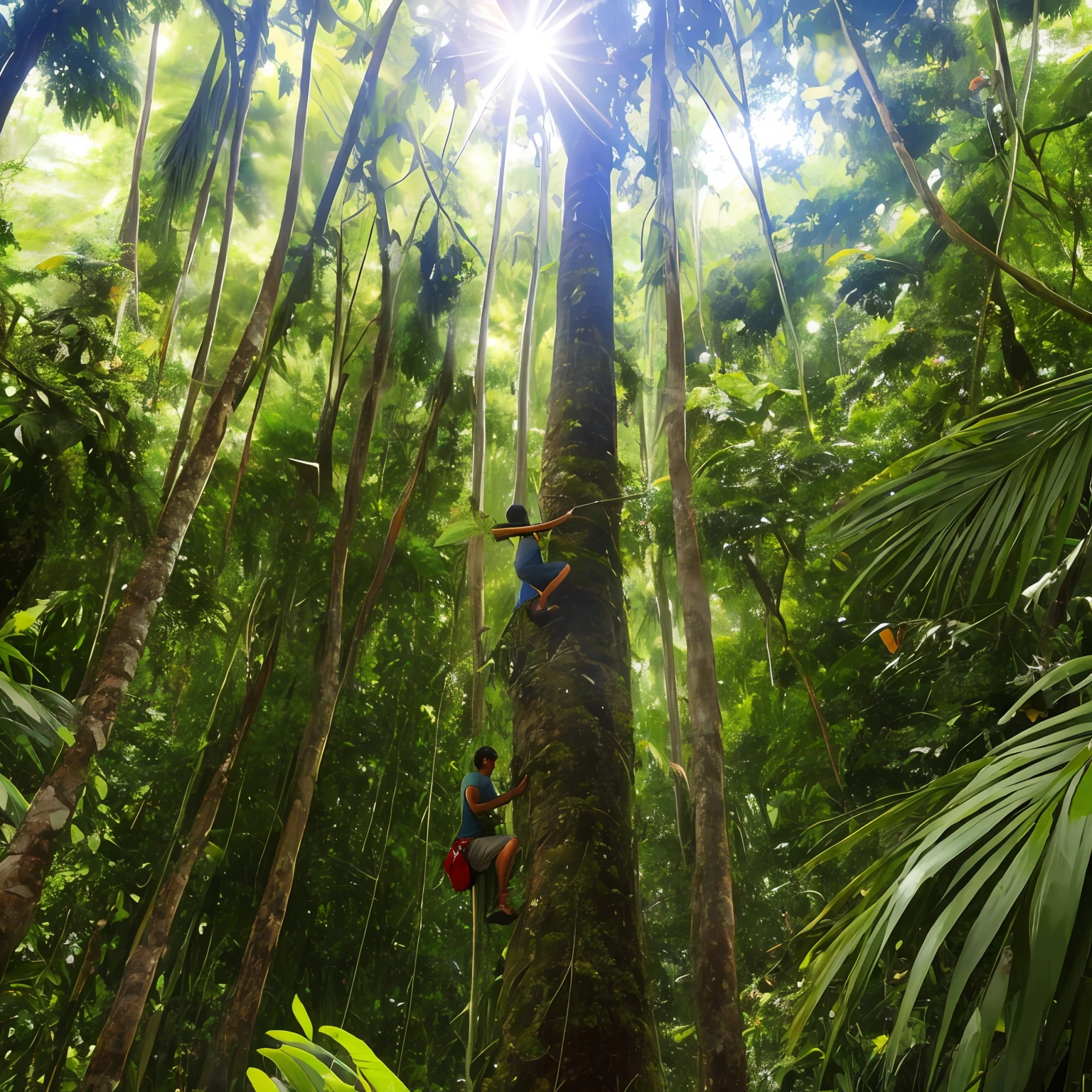 Two Indians climbing a tree in the jungle, em uma floresta de selva, Selva colombiana, da selva, selva espessa, na selva da floresta, em um ambiente de selva, na floresta da selva, macacos pendurados em videiras, Saltando, em uma selva altamente detalhada, em uma selva, no pico da floresta da selva, Tiro no meio, Meio - tiro, amazon jungle --auto