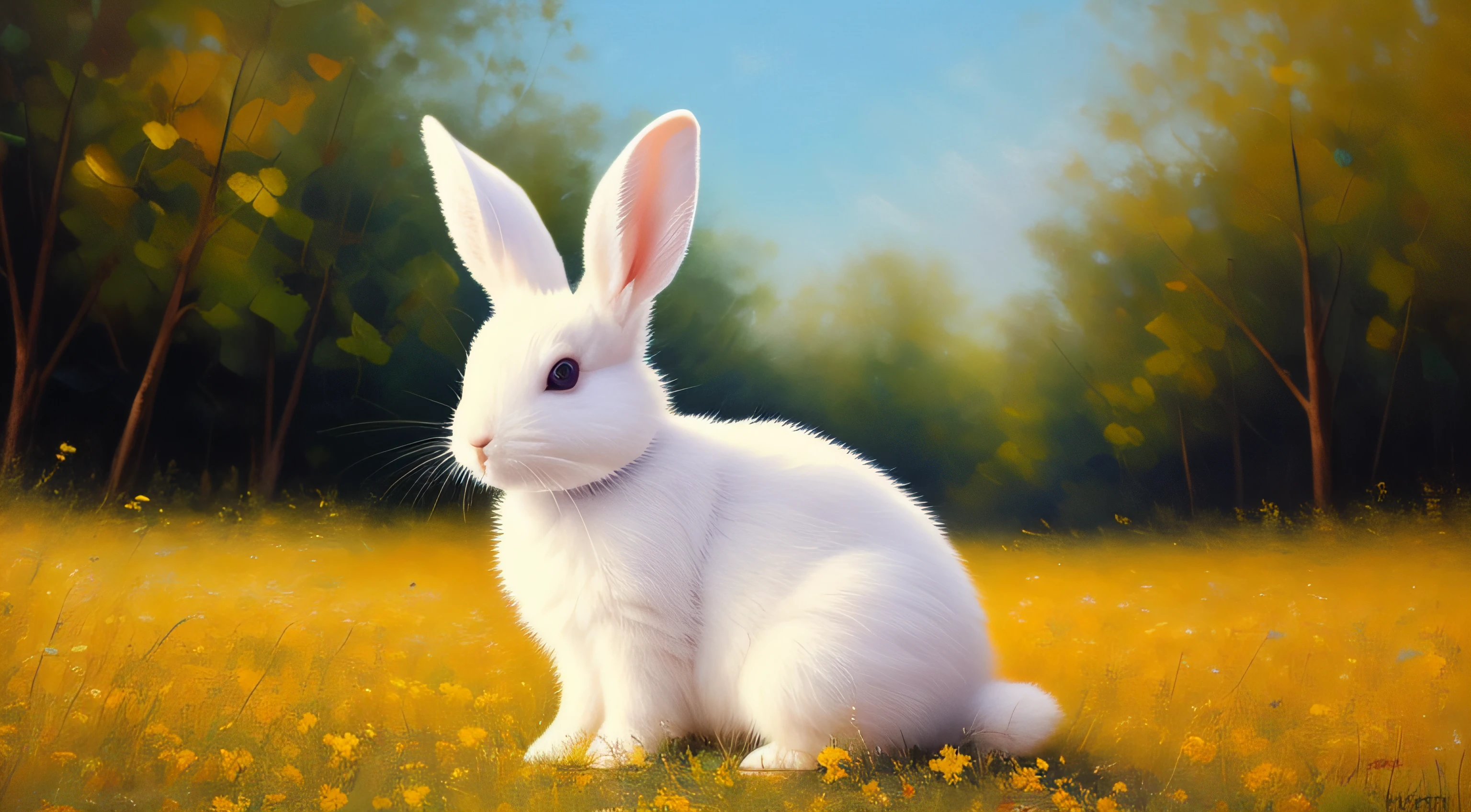 Adorable fluffy rabbit with big ears, sitting on the meadow, blue sky and lush summer forest background, super cute white bunny, hyper detailed, 32k resolution, oil on canvas, oil painting, highest quality, bright, sunny, colorful, summer day, ethereal, wall paper