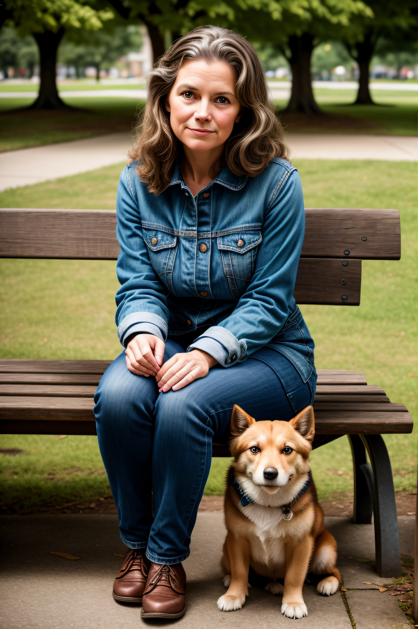 Uma fotografia de retrato de uma velha ((60 anos)), foto premiada, melhor qualidade, Retrato por Annie Leibovitz, Canon 5D Marcos II, Film, fotografia profissional, (cores ricas:1.1), hyper realistic, Realistic texture, (natural  lightting: 1.1), (Canon EF 85mm f/1.4L IS USM) sitting on the bench in the square with her dog