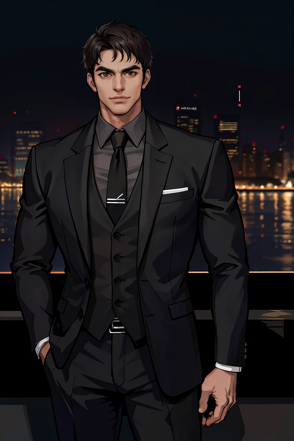 (absurdres, highres, ultra detailed, realistic, ), 1 male, solo, adult, mature, tall muscular guy, broad shoulders, handsome, very short hair, black hair, brown eyes, angular jaw, thick neck, thick eyebrows, night, dark, the night view of the city background, formal suit, necktie, upper body