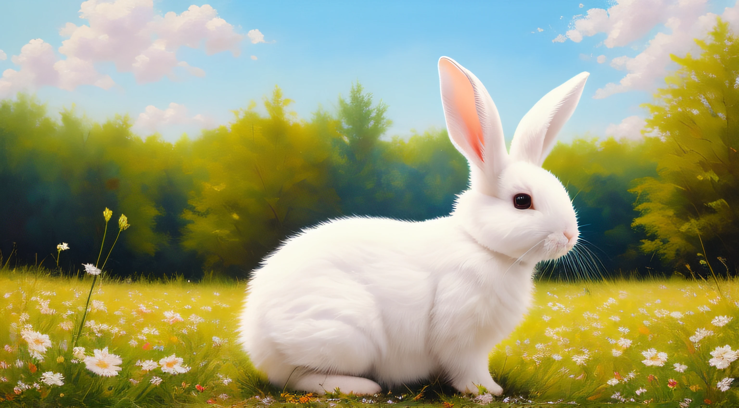 Adorable fluffy rabbit with big ears, sitting on the meadow, blue sky and lush summer forest background, super cute white bunny, hyper detailed, 32k resolution, oil on canvas, oil painting, highest quality, bright, sunny, colorful, summer day, ethereal, wall paper