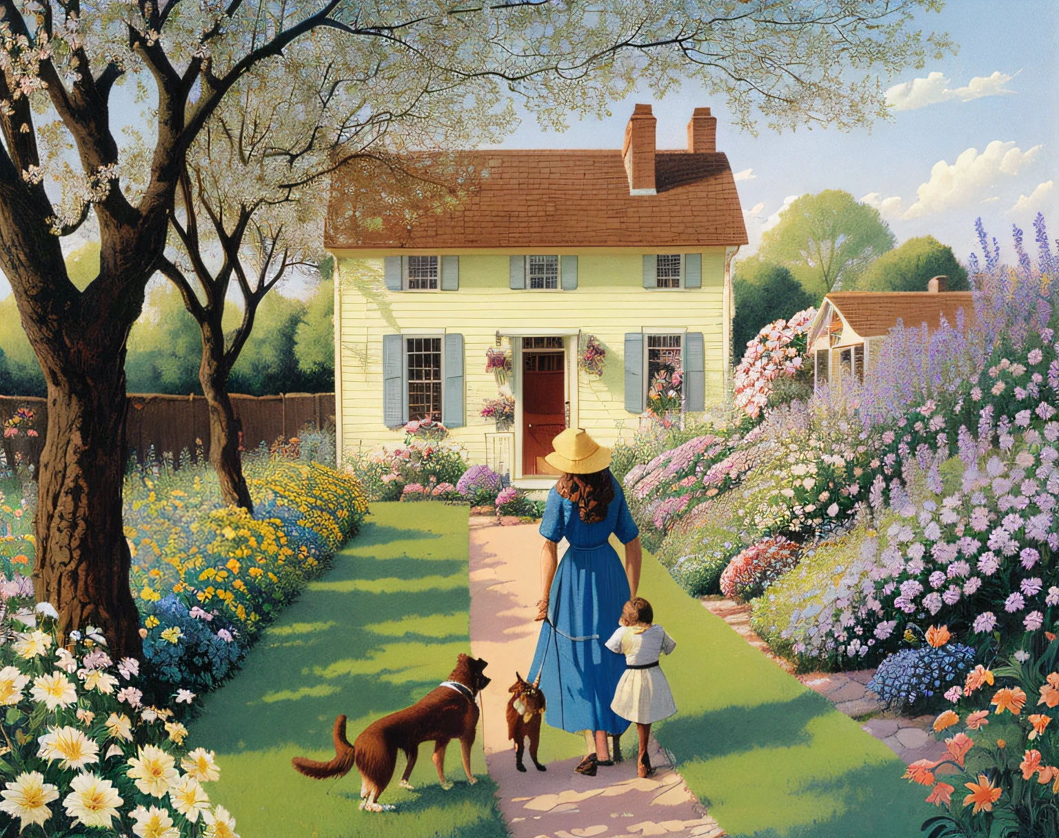 high gquality comic of a woman and child in a garden with a dog, springtime morning, darrell k sweet, in a garden of a house, in the garden, published art, in a cottagecore flower garden, picking flowers, summer afternoon by artist John Sloane