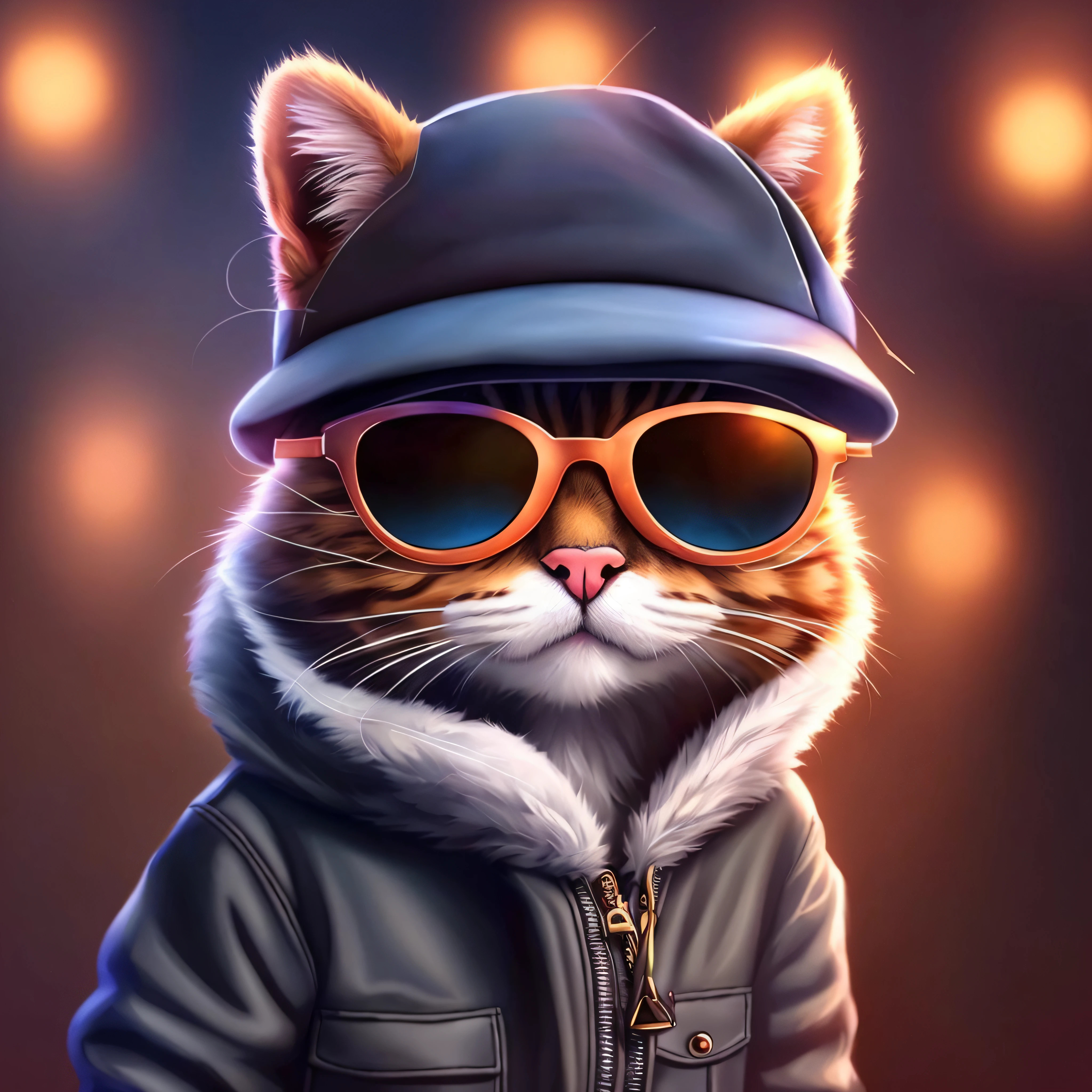 There is a cat wearing a hat and sunglasses on a dark background, olhando heckin legal e elegante, painting digital adorable, anthropomorphic cat, arte digital bonito, arte digital detalhada bonito, Gato. pintura digital, awesome cat, artista peludo, Fursona usando roupas estilosas, Arte peluda, cat with a hat, Vestido casualmente, arte digital peluda, design do gato