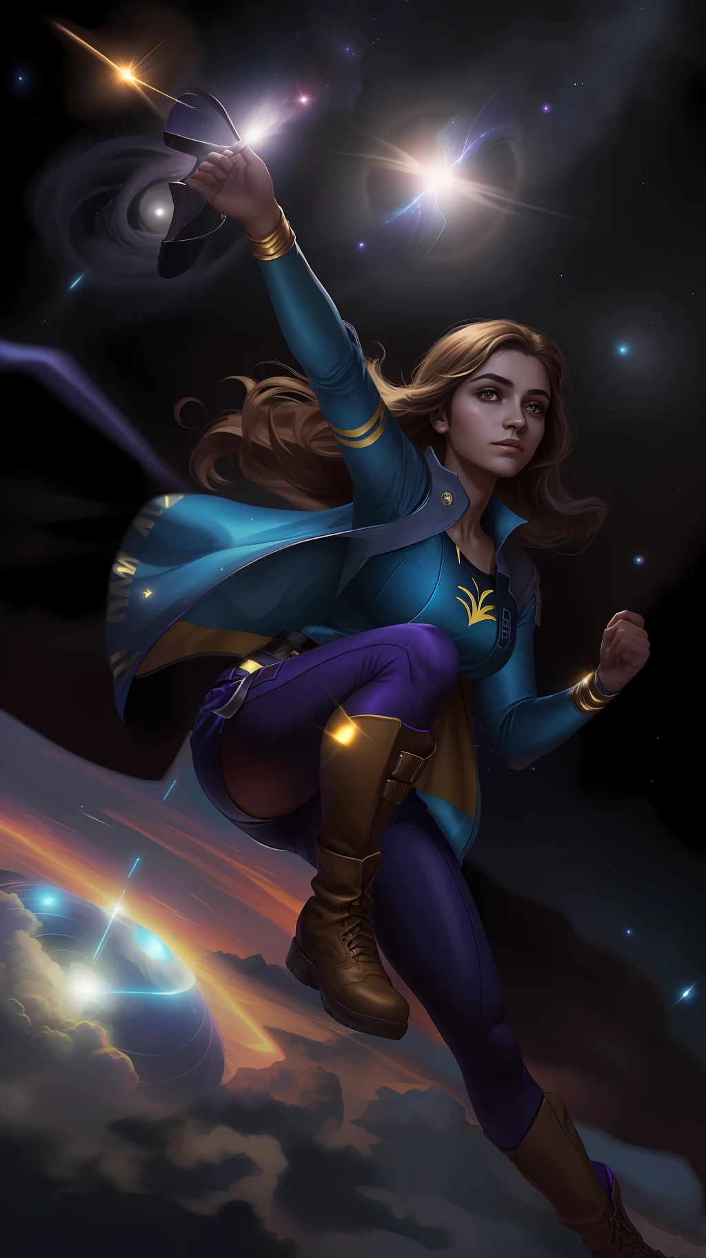 Uma garota, (((solo))), (, cabelo bem curto, olhos pretos, pele morena, nariz pontiagudo), (She's the superhero, His uniform is blue and purple like a galaxy, com um shorts curto, com estampas de estrelas, long pantyhose and boots), (She's flying in a night sky, com seus poderes de luz), close up