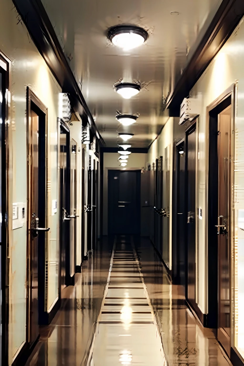 Inside a pet hospital,European style decoration,There are four cages on the left and right sides of the hall,Arrange up and down,Each of the eight cages houses different breeds of dogs,All poke their heads out