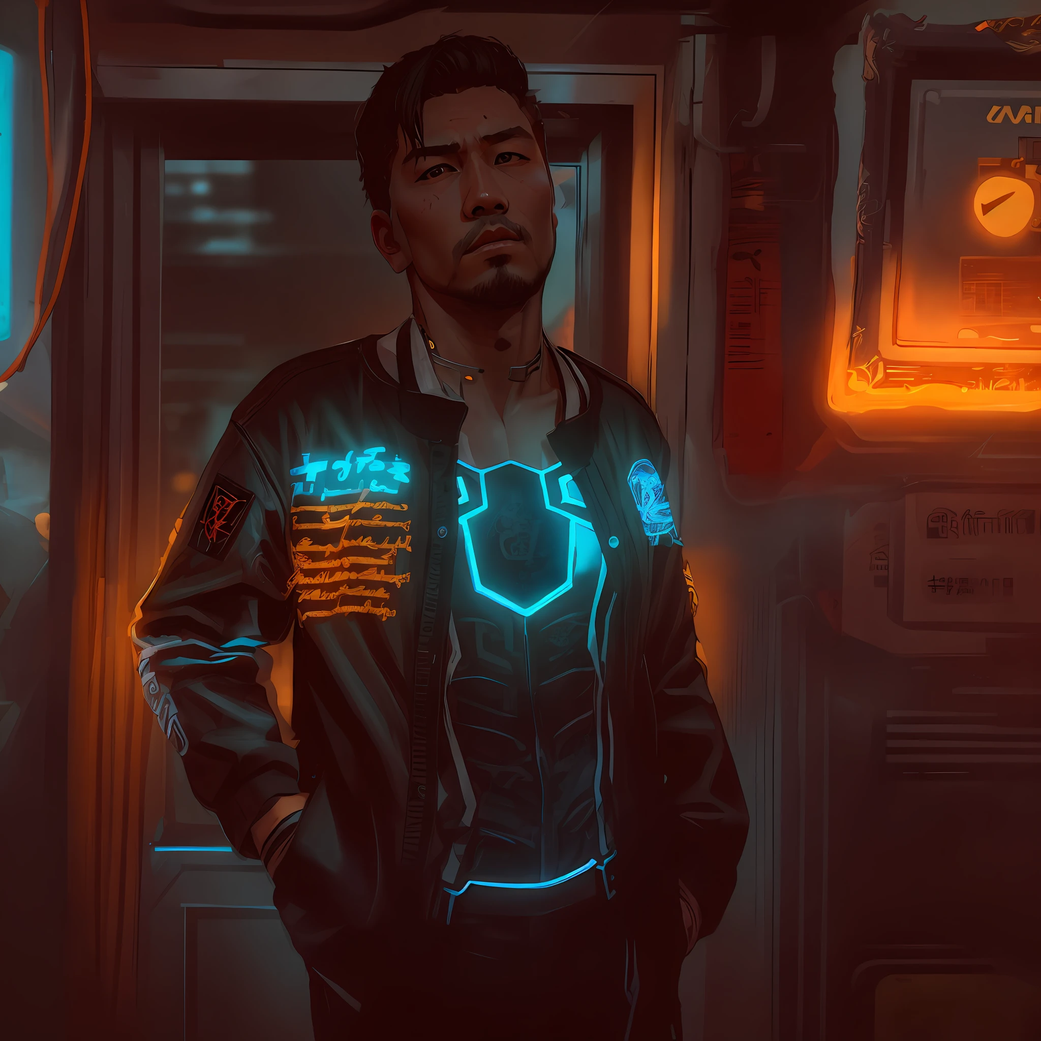 man, asian man, standing on the street, cyberpunk 2077, complex background, night, neon lights, dramatic light