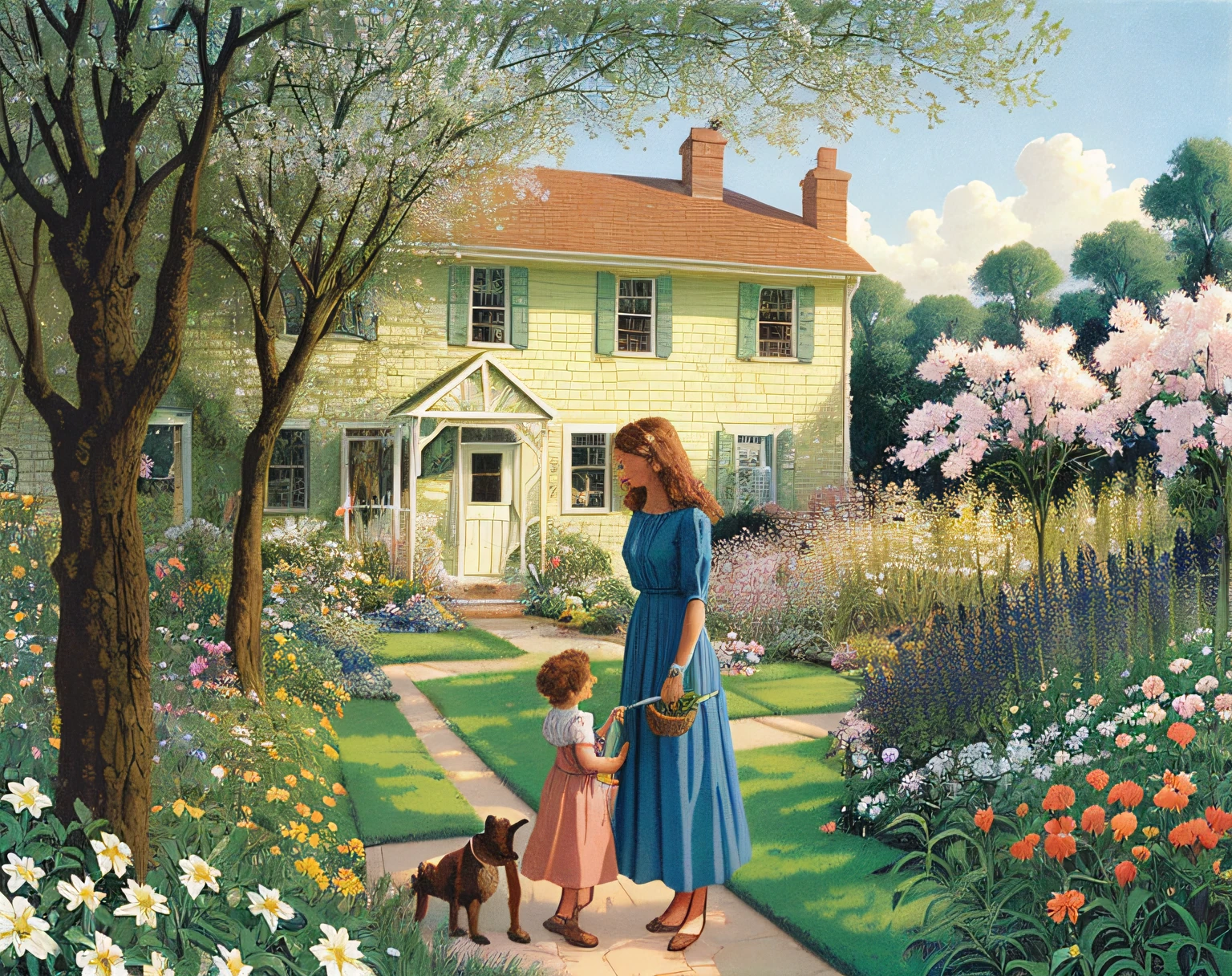 high gquality comic of a woman and child in a garden with a dog, springtime morning, darrell k sweet, in a garden of a house, in the garden, published art, in a cottagecore flower garden, picking flowers, summer afternoon by artist John Sloane