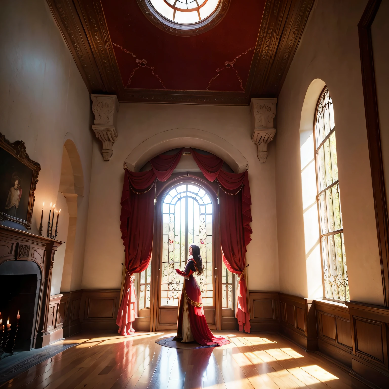 lush red drapes and arch windows interior ancient house of stone walls and light with beautiful sensual woman --auto