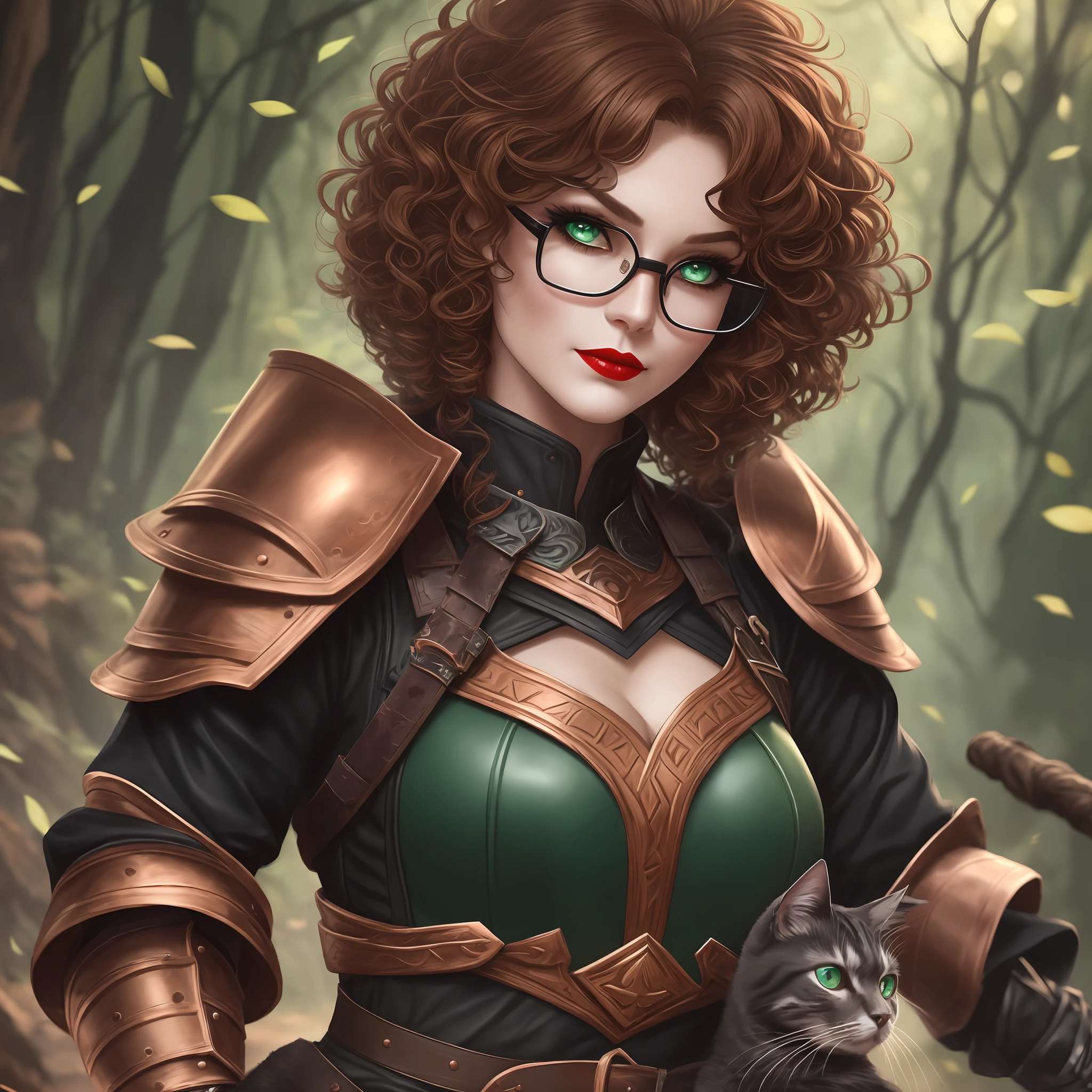 Wise, battle hardened and chubby middle-aged female mage, donning cat-eye glasses over her large almond-shaped dark green eyes. She wears black leather armor. Her dark brown and copper hair is short and curly, and she completes her look with a staff and a bold blood red lipstick."