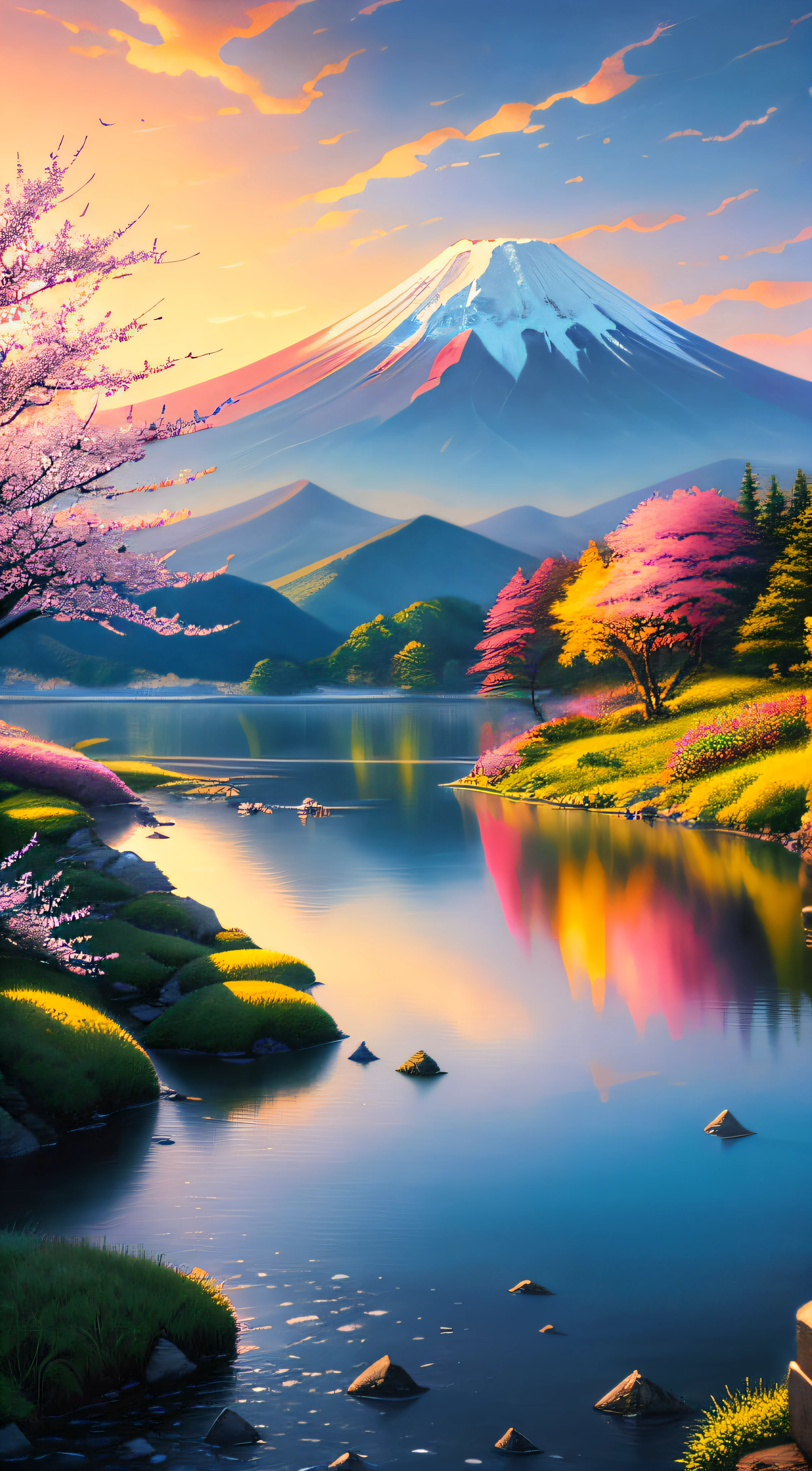A beautiful painting of a Mount Fuji in spring , meaningful scene that is moody in the style of Thomas Kinkade ,HD 4k , seamless texture, watercolor