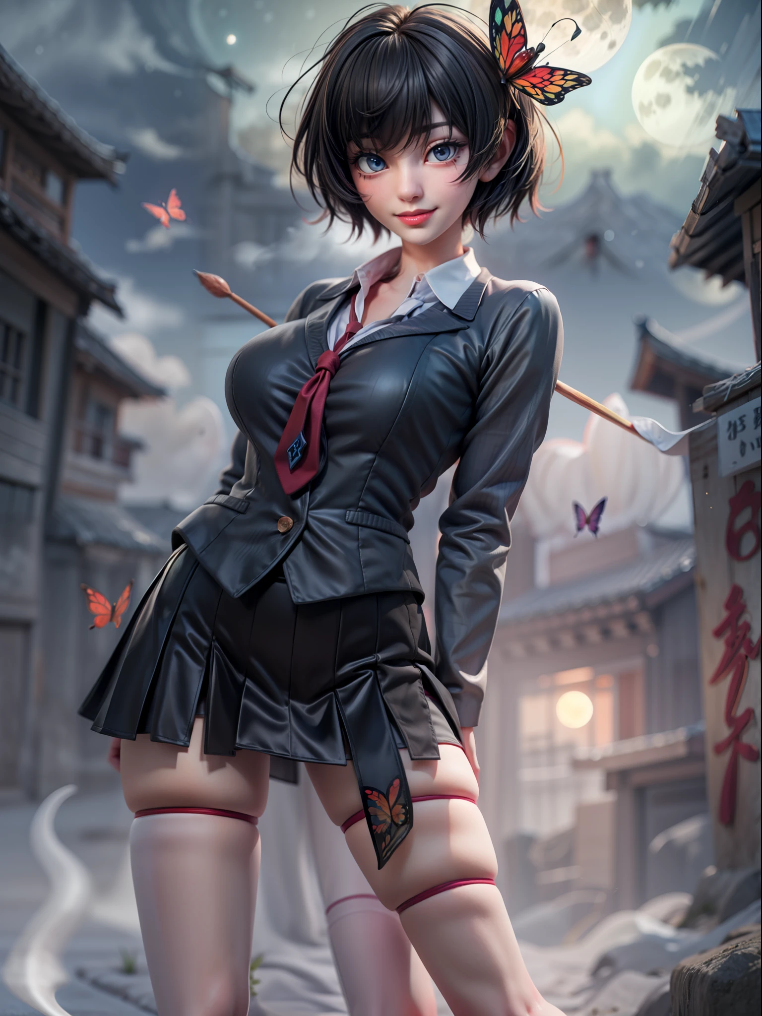 {((1 woman))}, {((wearing school suit with red skewer with tie, short black skirt, white stockings)), ((extremely large breasts)), ((very short black hair, blue eyes)) looking at the viewer, smiling, very happy, ((exhibitionist pose leaning back)), ((in an ancient Japanese ghost town, ghosts shadowing it, ghosts flying, night, just a full moon in the sky))}, (Fatal Frame Crimson Butterfly), ((full body, standing):1.5), 16k, best quality, best resolution, best sharpness, ultra detailed,