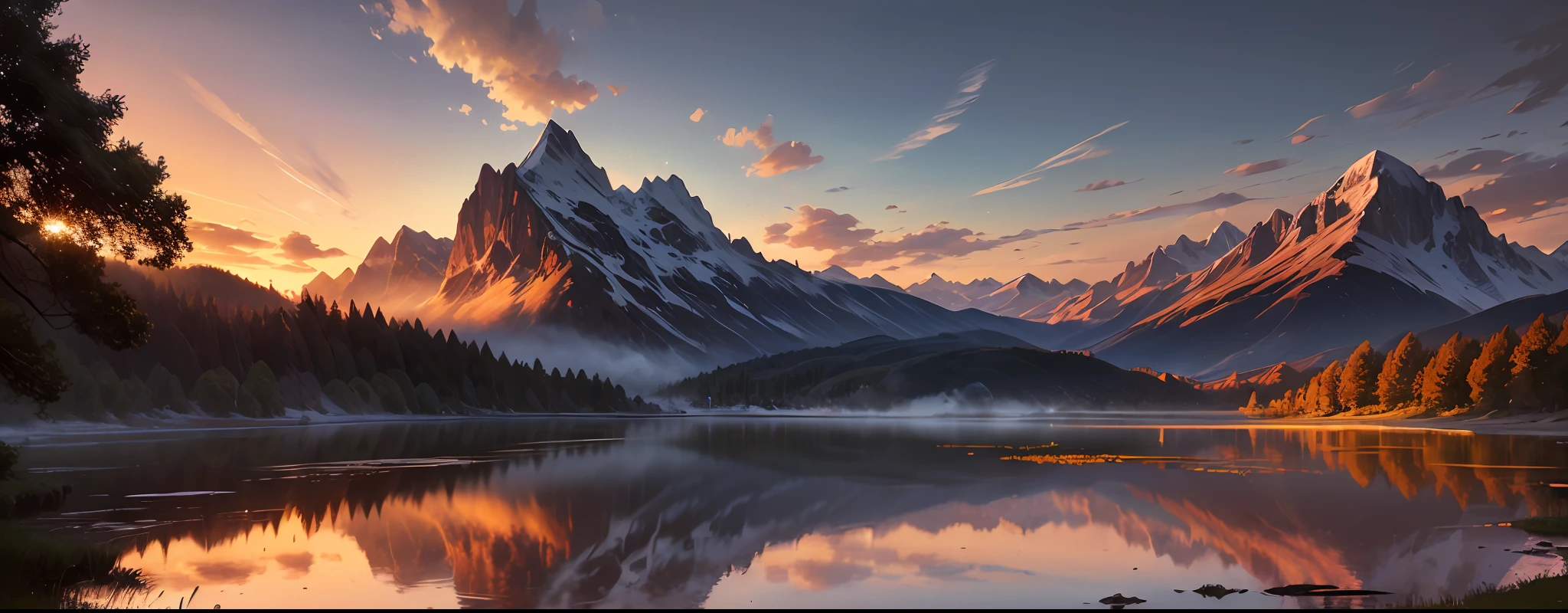 Artwork, masterpiece, painting, impressionism. Monet, van gogh, most beautiful image in the world, awe-inspiring, sunset with mountains in the distance, a beautifull woman bathing in a lake, orange and blue and purple twilight light, hdr, wide angle, long exposure, rule of thirds --auto